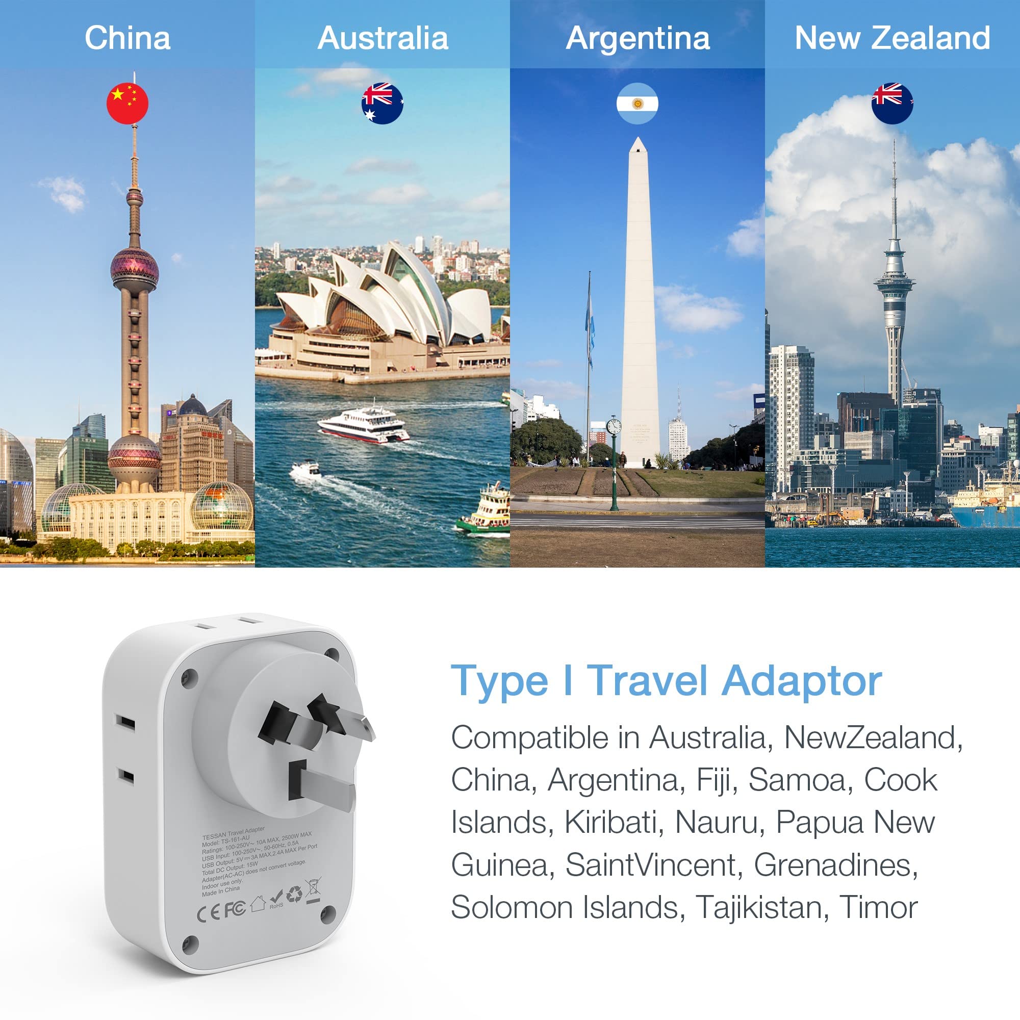 Foto 4 pulgar | Adaptador De Alimentación Tessan De Ee. Uu. A Australia Con 4 Salidas, 3 Usb - Venta Internacional.