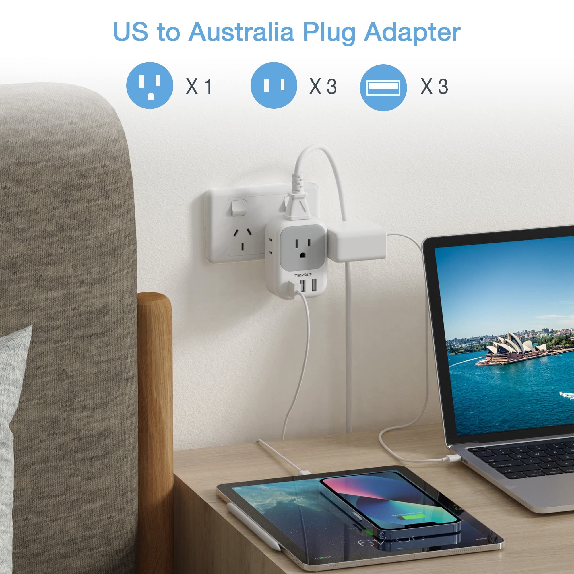 Foto 5 pulgar | Adaptador De Alimentación Tessan De Ee. Uu. A Australia Con 4 Salidas, 3 Usb - Venta Internacional.
