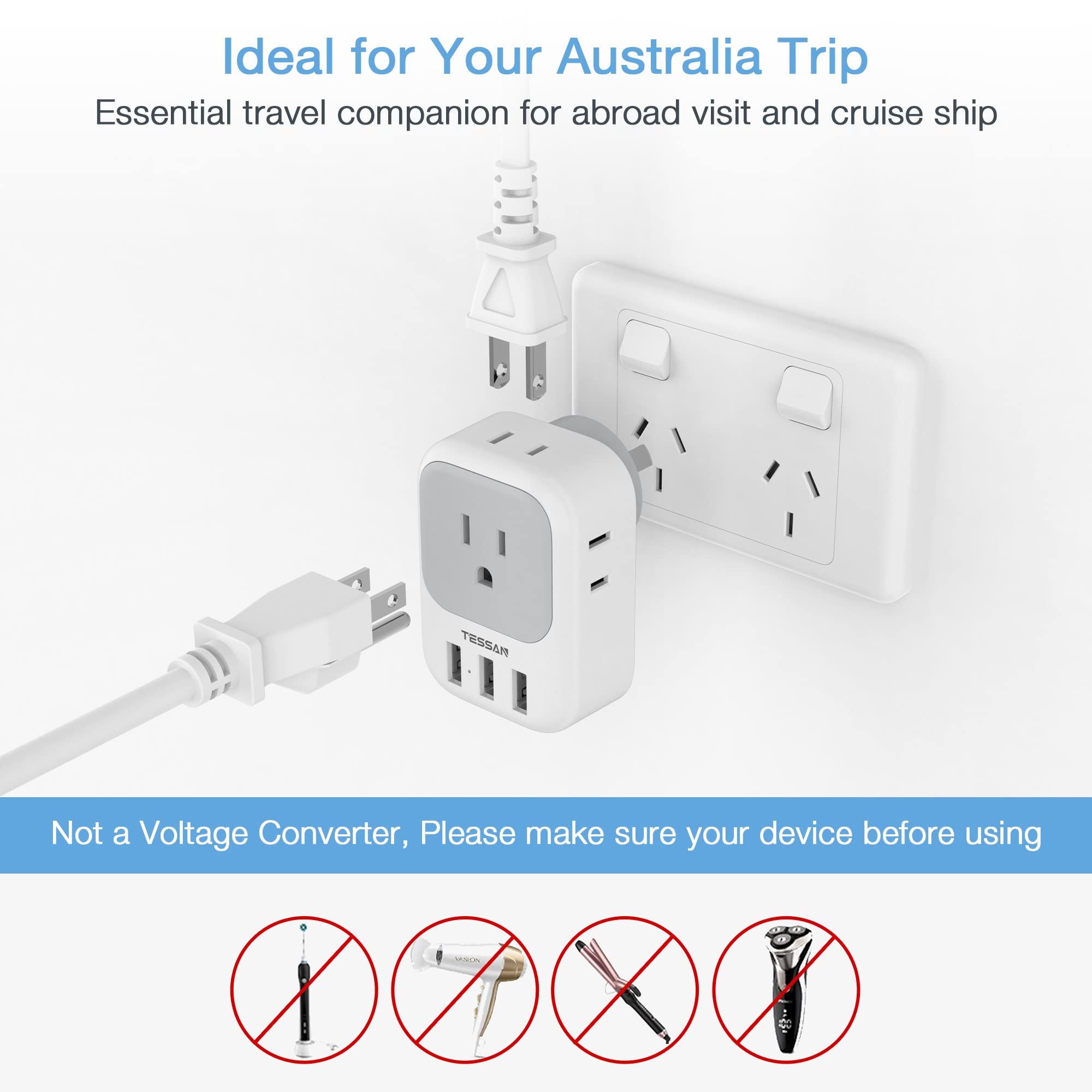 Foto 6 pulgar | Adaptador De Alimentación Tessan De Ee. Uu. A Australia Con 4 Salidas, 3 Usb - Venta Internacional.