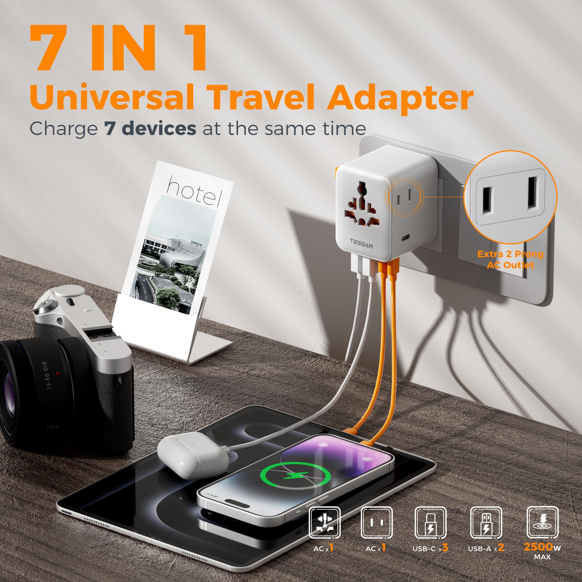 Foto 3 pulgar | Adaptador De Viaje Tessan Universal De 28 W Con 2 Tomas De Corriente Alterna Y 5 Puertos Usb - Venta Internacional.