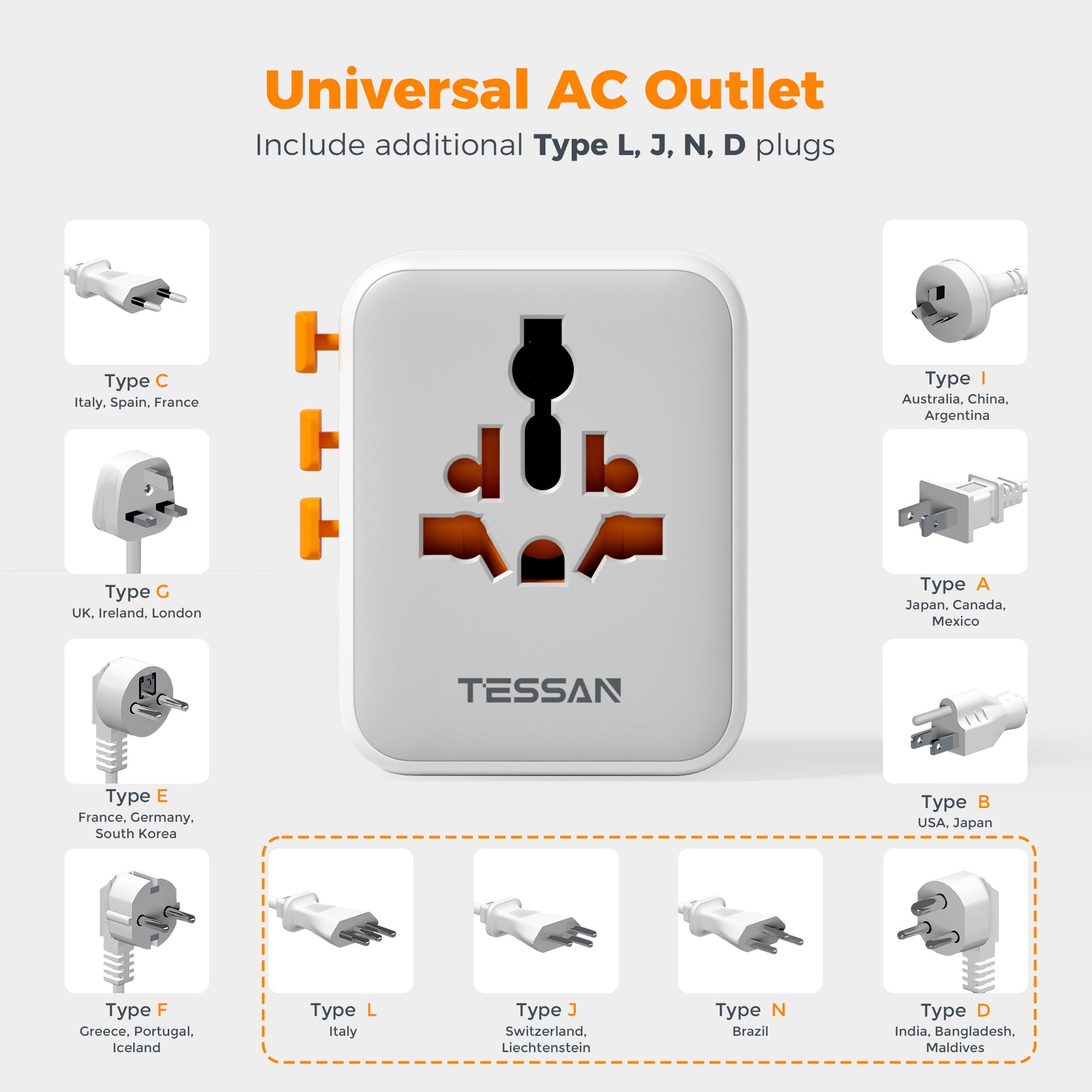 Foto 6 pulgar | Adaptador De Viaje Tessan Universal De 28 W Con 2 Tomas De Corriente Alterna Y 5 Puertos Usb - Venta Internacional.
