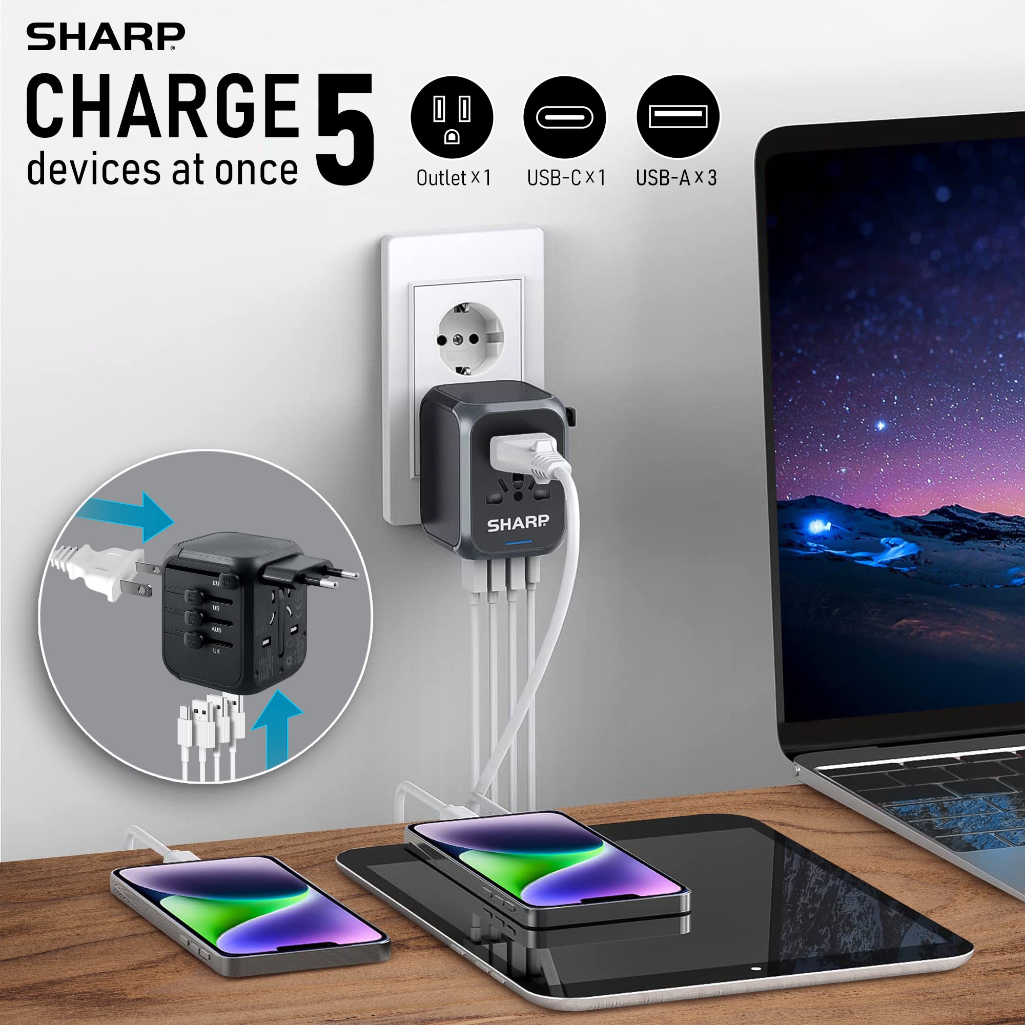 Foto 4 pulgar | Adaptador De Viaje Universal Sharp Worldwide Con 3 Usb-a Y 1 Usb-c - Venta Internacional.