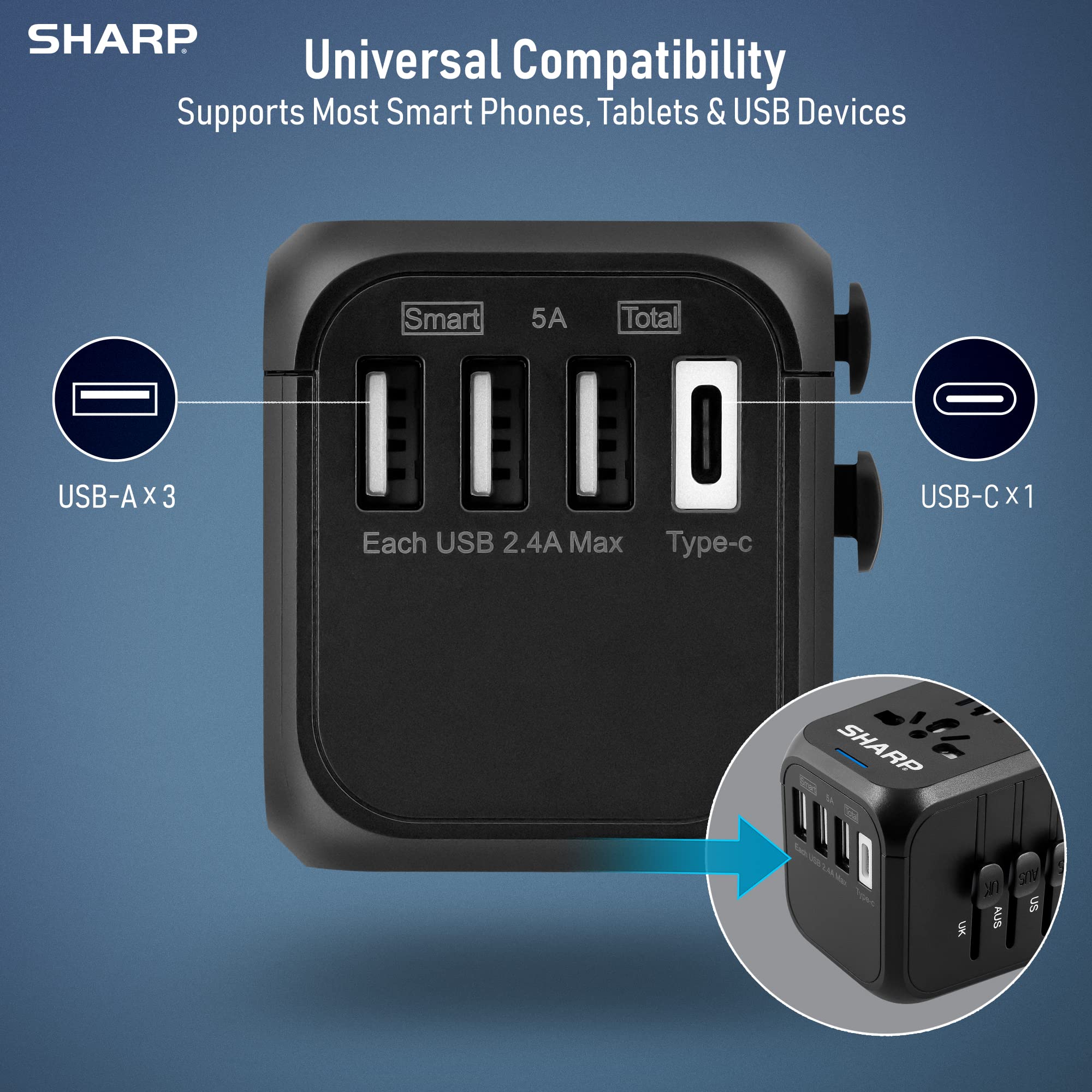 Foto 6 pulgar | Adaptador De Viaje Universal Sharp Worldwide Con 3 Usb-a Y 1 Usb-c - Venta Internacional.
