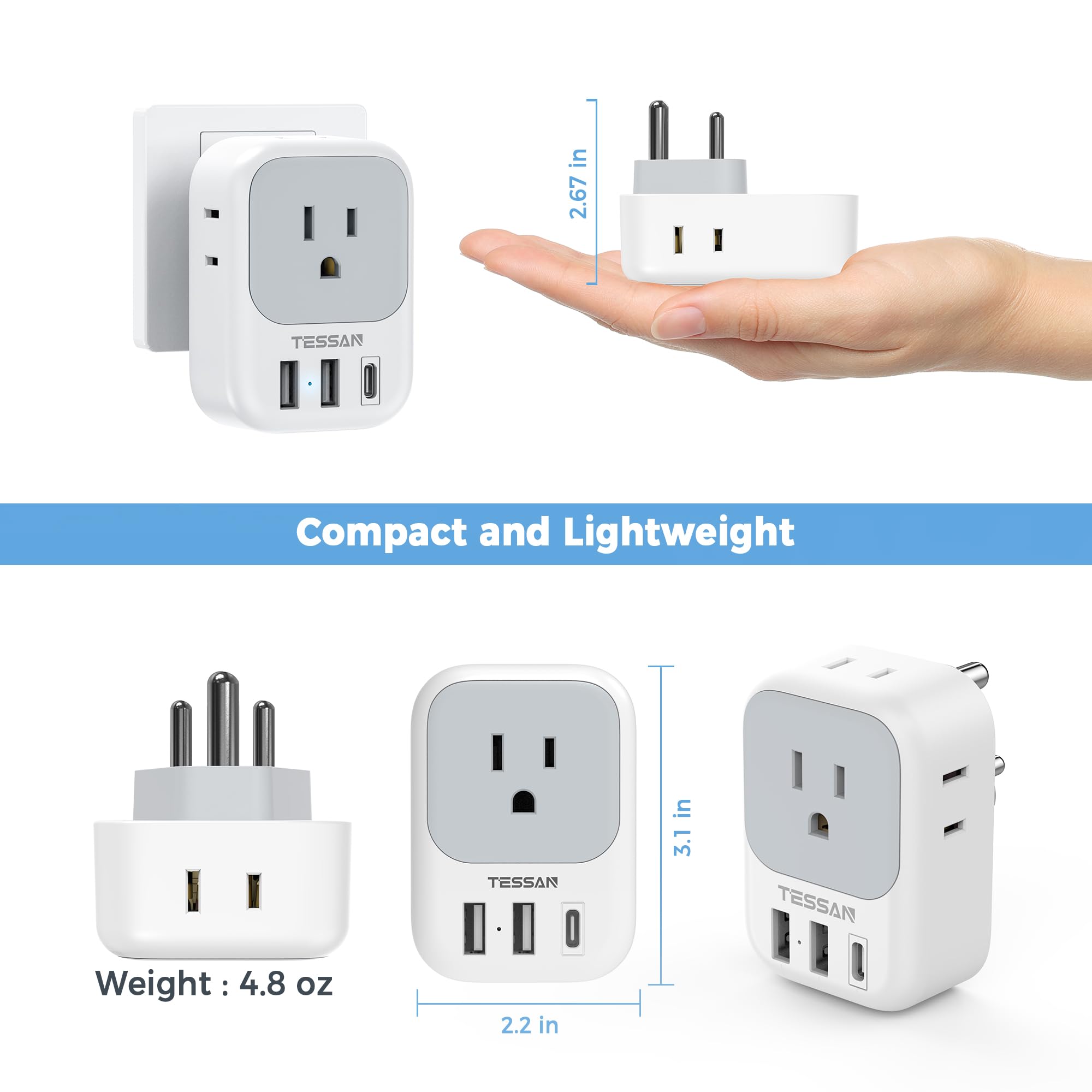 Foto 6 pulgar | Adaptador De Viaje Tessan De Ee. Uu. A La India Con 4 Salidas Y 3 Puertos Usb - Venta Internacional.