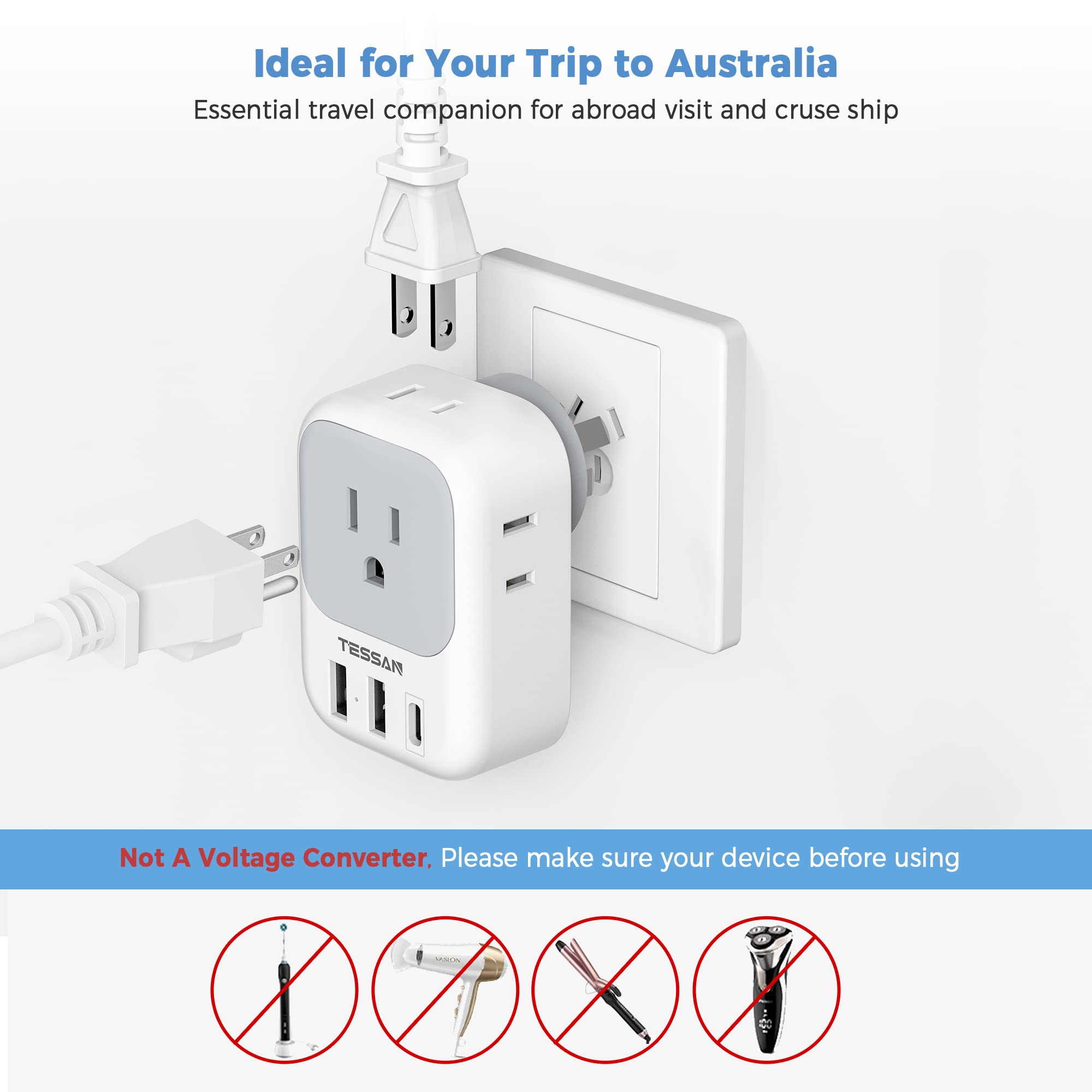 Foto 3 pulgar | Adaptador De Enchufe Tessan Australia Con 4 Salidas, 3 Puertos Usb, Paquete De 2 - Venta Internacional.