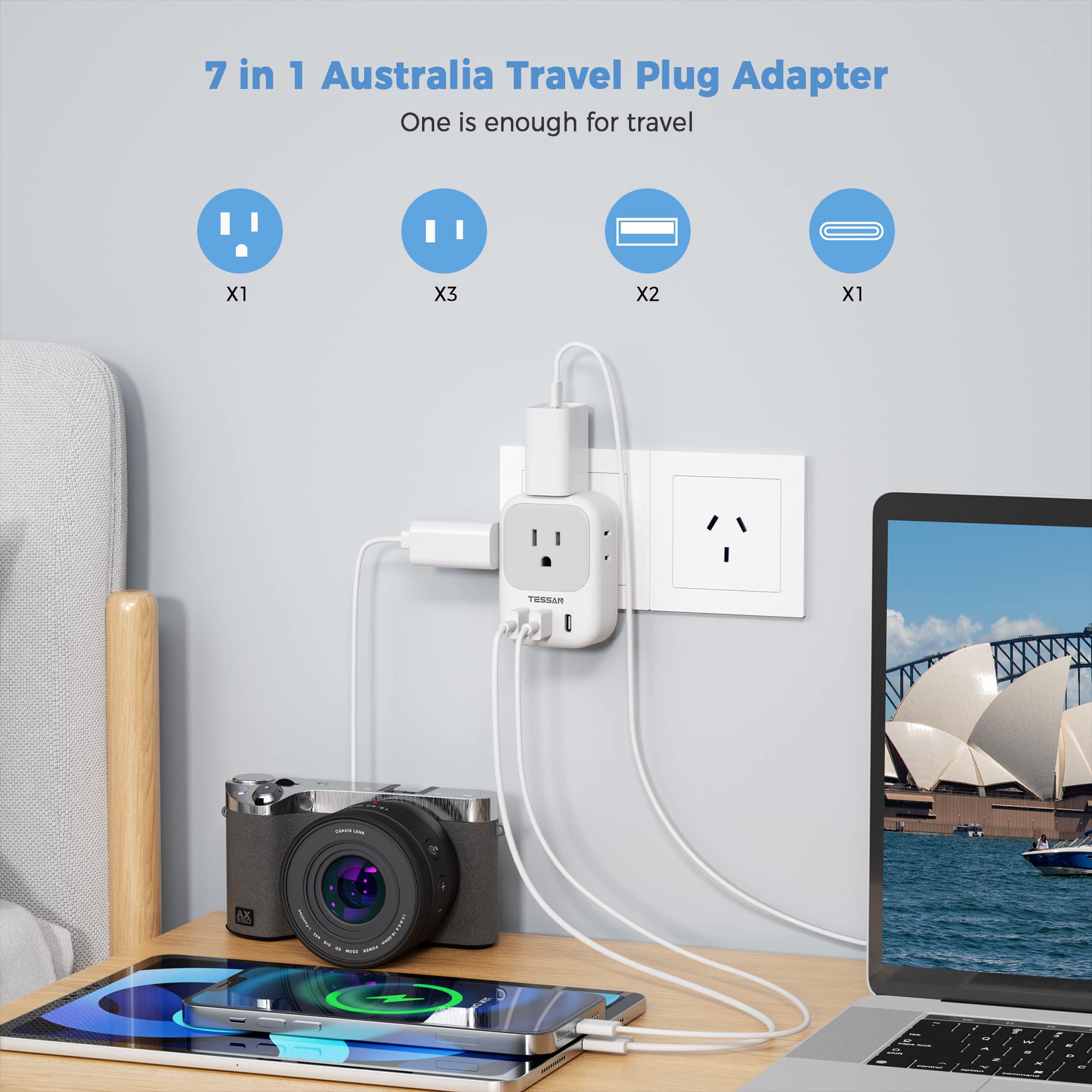 Foto 4 pulgar | Adaptador De Enchufe Tessan Australia Con 4 Salidas, 3 Puertos Usb, Paquete De 2 - Venta Internacional.