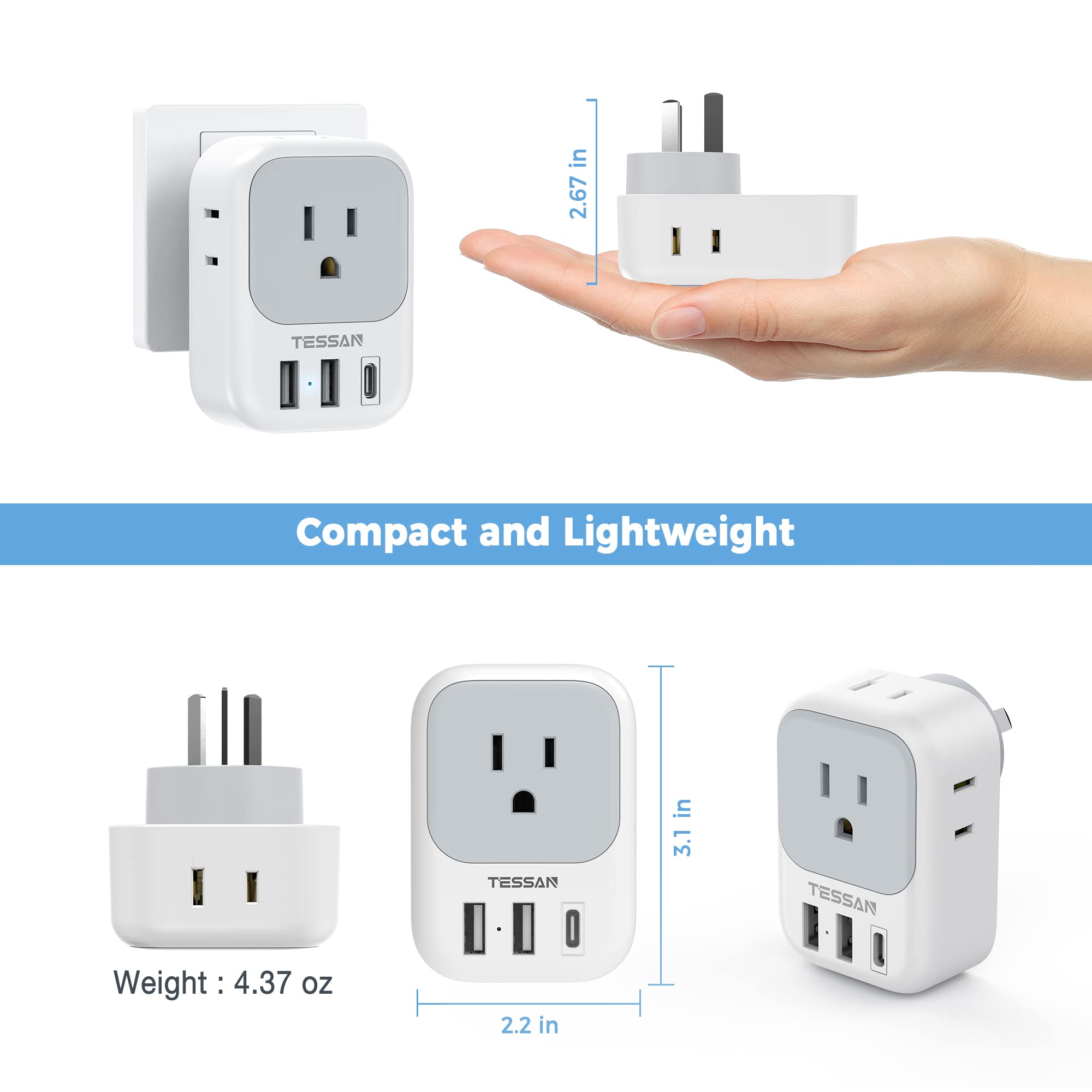 Foto 6 pulgar | Adaptador De Enchufe Tessan Australia Con 4 Salidas, 3 Puertos Usb, Paquete De 2 - Venta Internacional.