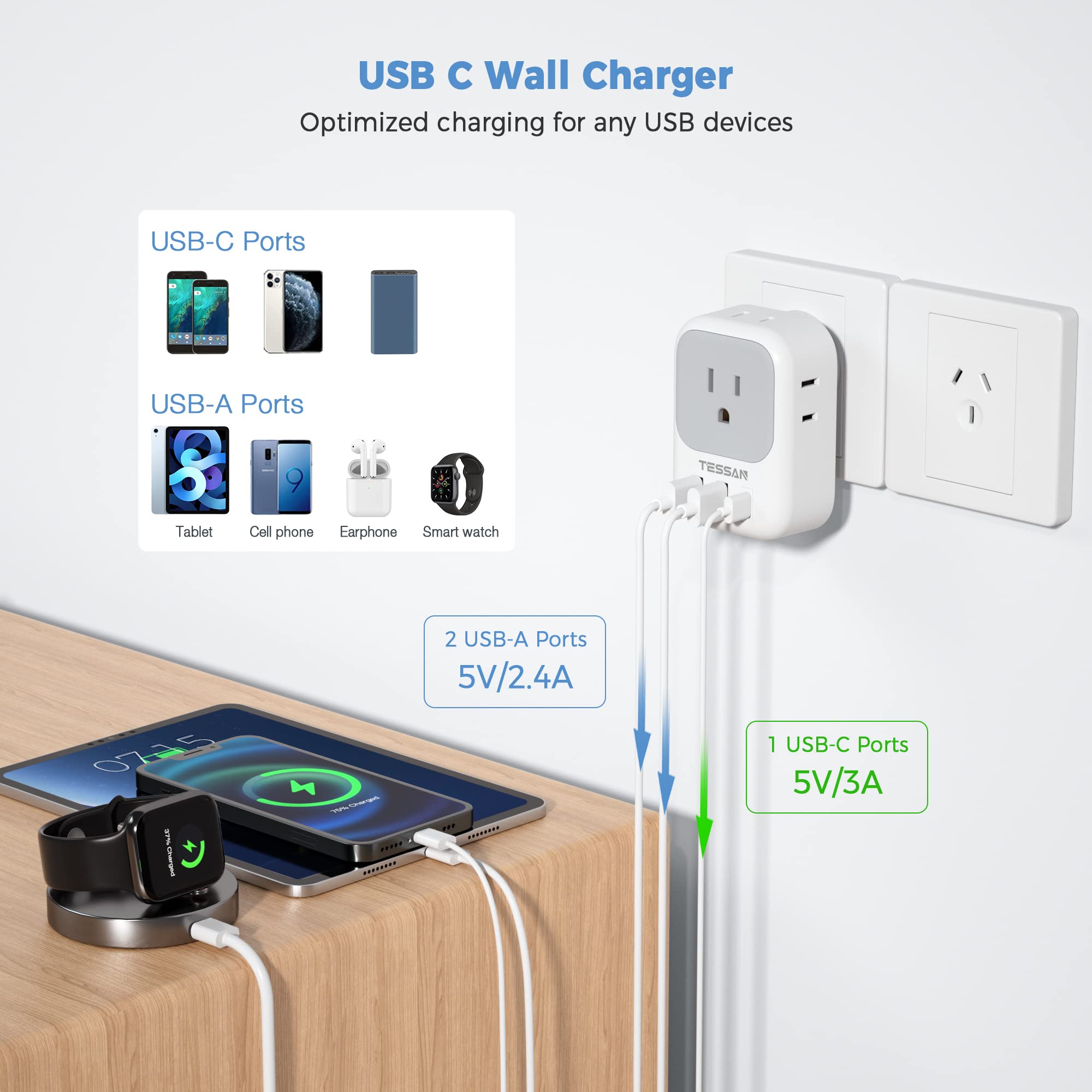 Foto 5 pulgar | Adaptador De Corriente Tessan Australia Nueva Zelanda Con 4 Salidas Y 3 Usb - Venta Internacional.