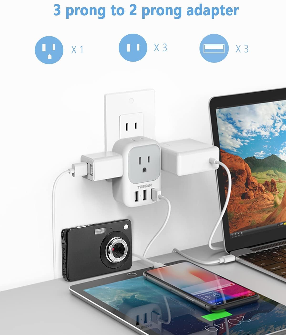 Foto 2 | Adaptador De Enchufe Tessan De Ee. Uu. A Japón, Paquete De 2 Con 4 Tomas De Corriente Alterna Y 3 Usb - Venta Inter
