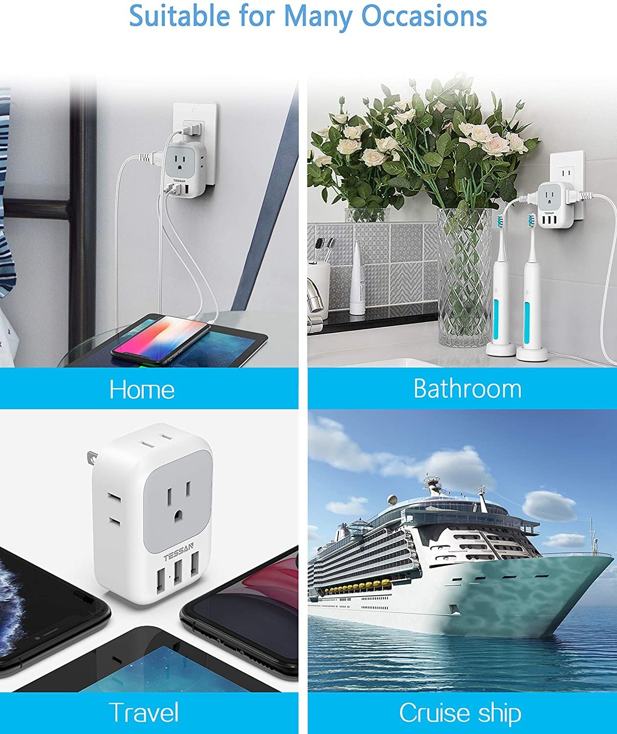 Foto 6 | Adaptador De Enchufe Tessan De Ee. Uu. A Japón, Paquete De 2 Con 4 Tomas De Corriente Alterna Y 3 Usb - Venta Inter