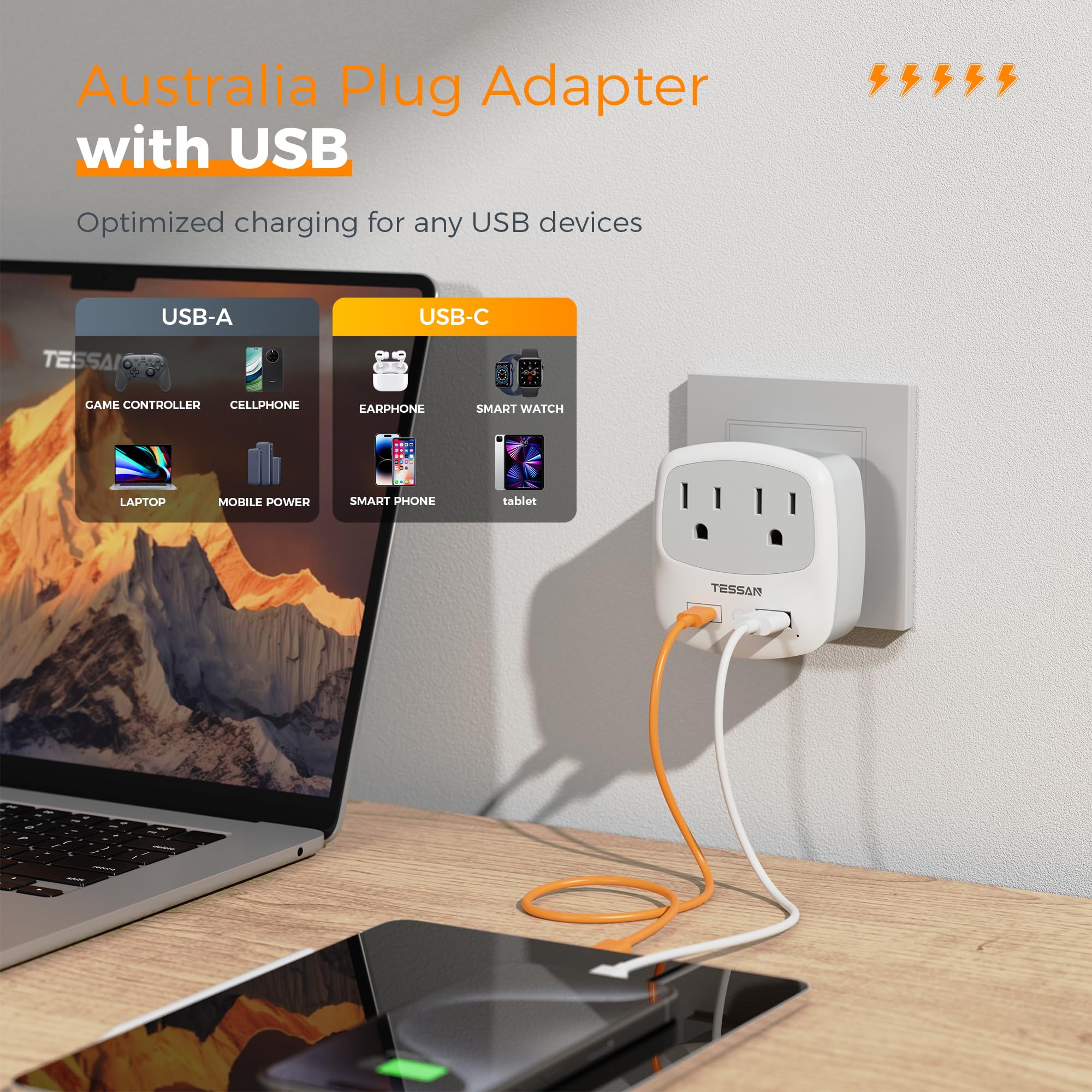 Foto 3 | Adaptador De Alimentación Tessan, Adaptador De Viaje Tipo I Con 2 Enchufes - Venta Internacional.