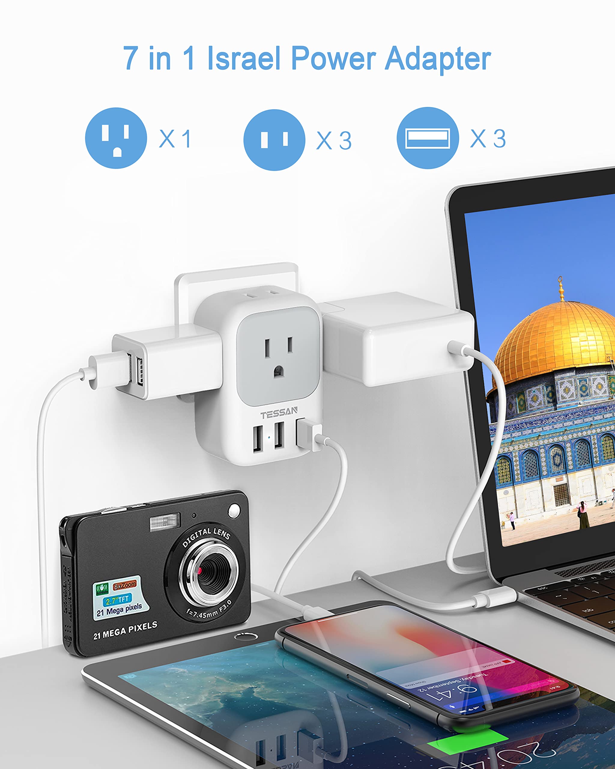 Foto 2 | Adaptador De Corriente Tessan Israel Tipo H Con 4 Salidas Y 3 Puertos Usb - Venta Internacional.