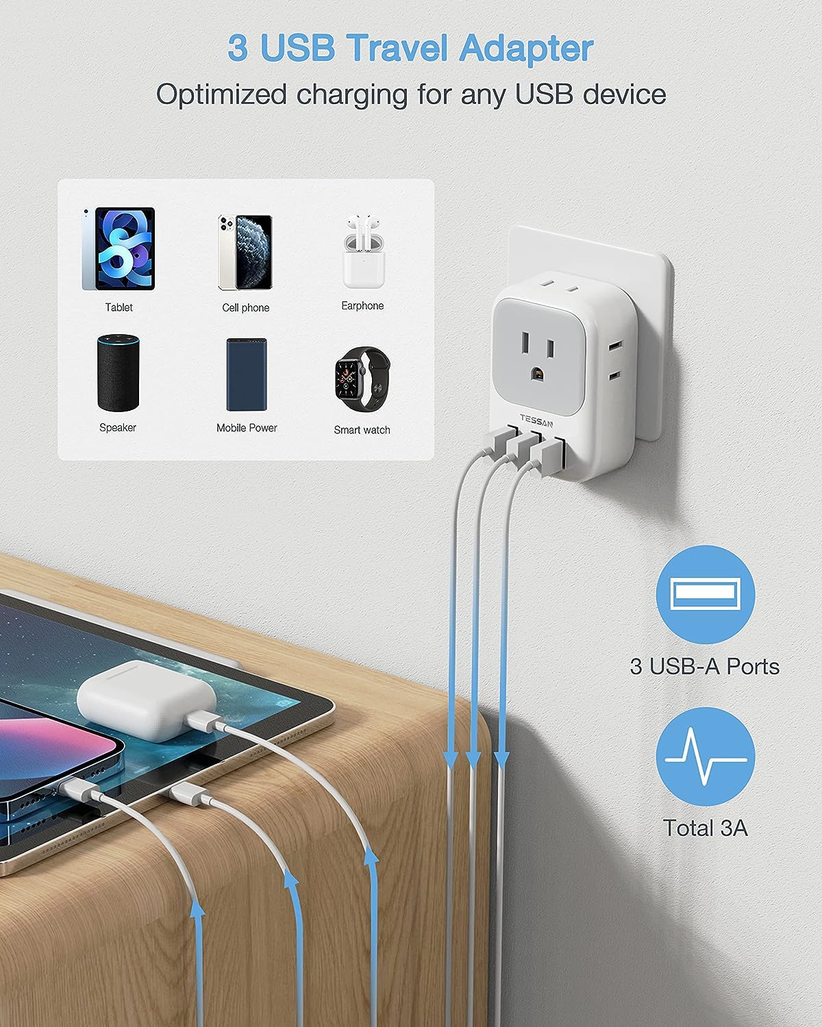 Foto 3 | Adaptador De Corriente Tessan Israel Tipo H Con 4 Salidas Y 3 Puertos Usb - Venta Internacional.
