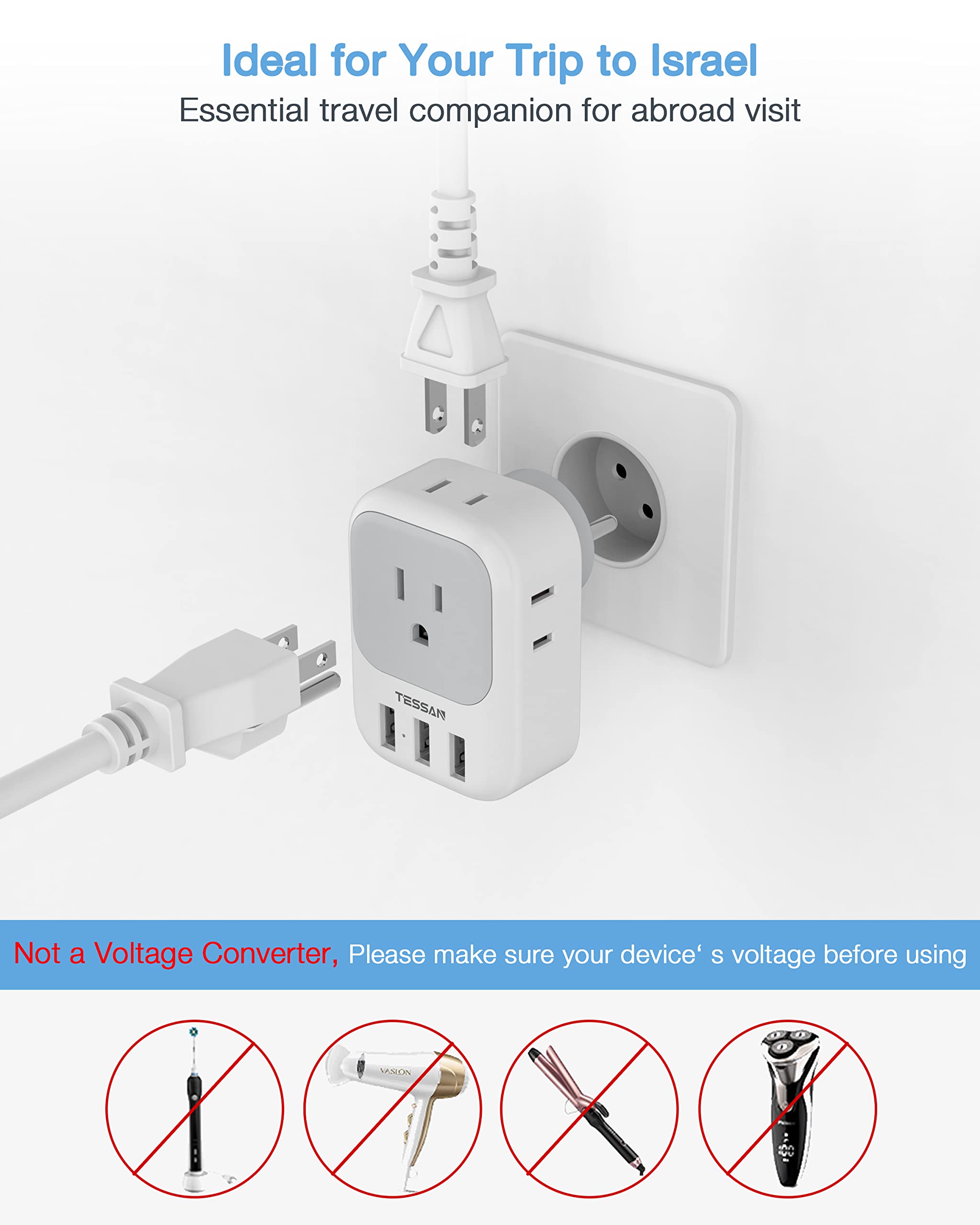 Foto 5 | Adaptador De Corriente Tessan Israel Tipo H Con 4 Salidas Y 3 Puertos Usb - Venta Internacional.
