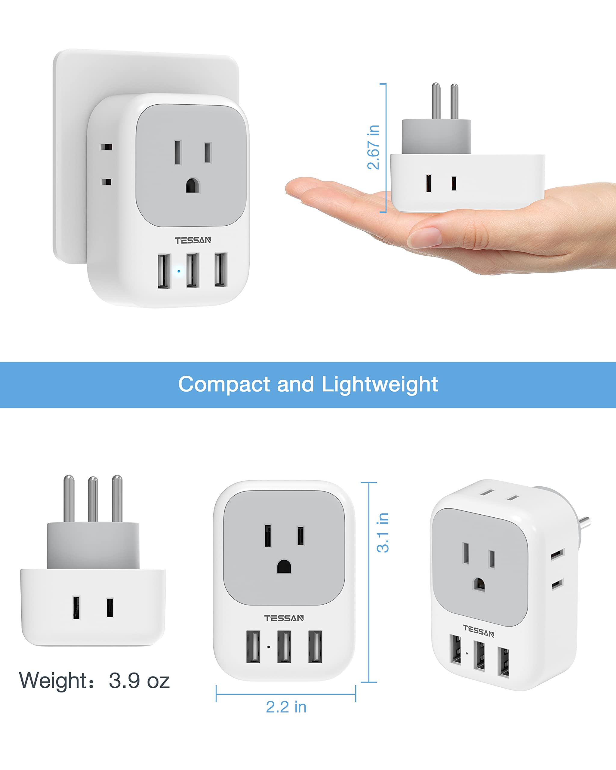 Foto 6 | Adaptador De Corriente Tessan Israel Tipo H Con 4 Salidas Y 3 Puertos Usb - Venta Internacional.