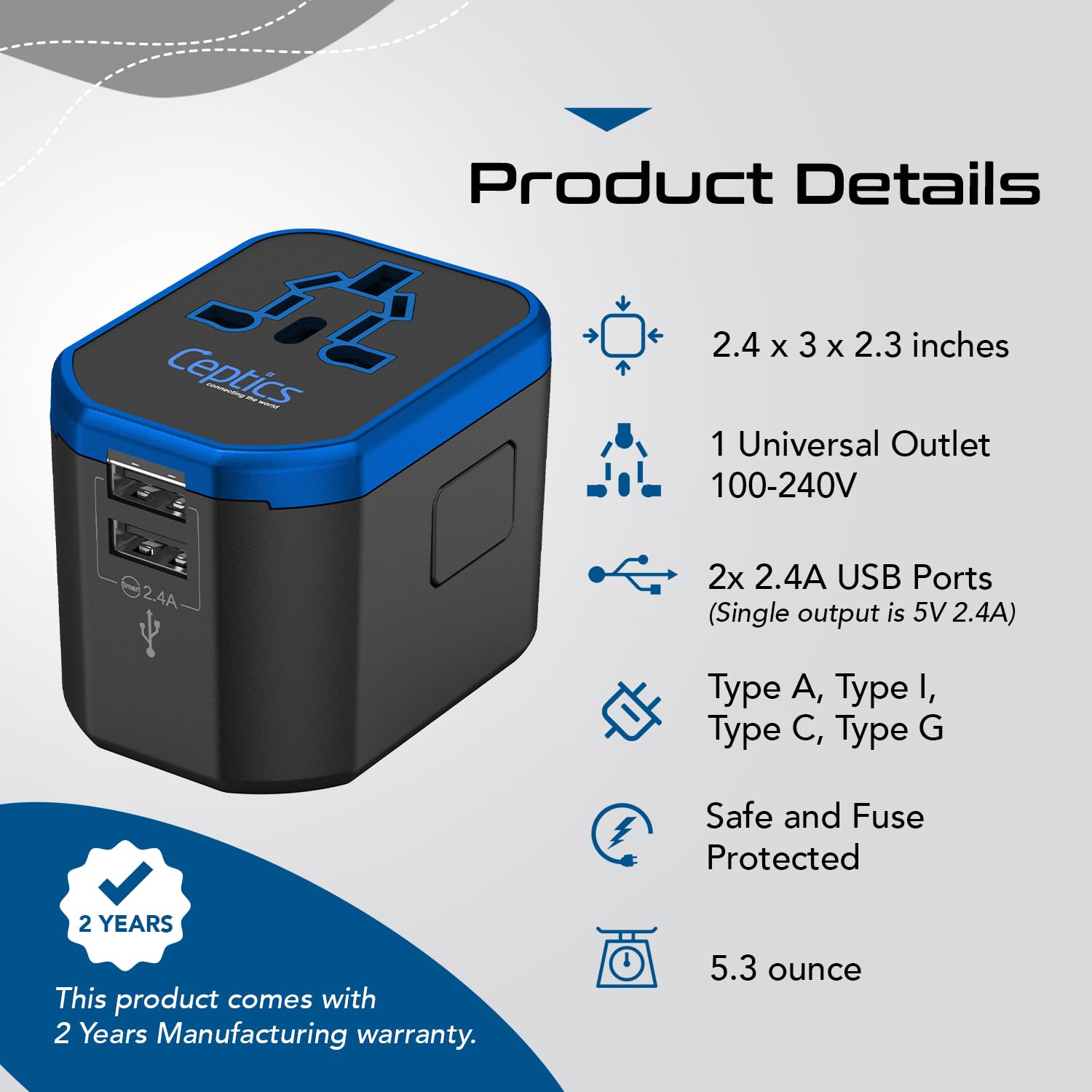 Foto 5 pulgar | Adaptador De Enchufe Ceptics World Travel 2 Puertos Usb De 5 V - Venta Internacional.