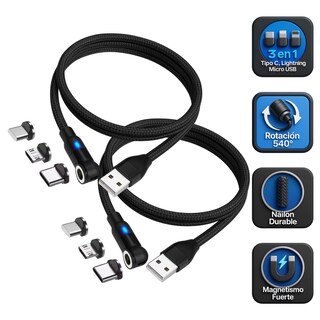 Foto 1 | Cable Magnético 3 en 1 con LED, Conector Giratorio 540°, 1 Metro, Pack 2 Piezas y 6 Adaptadores