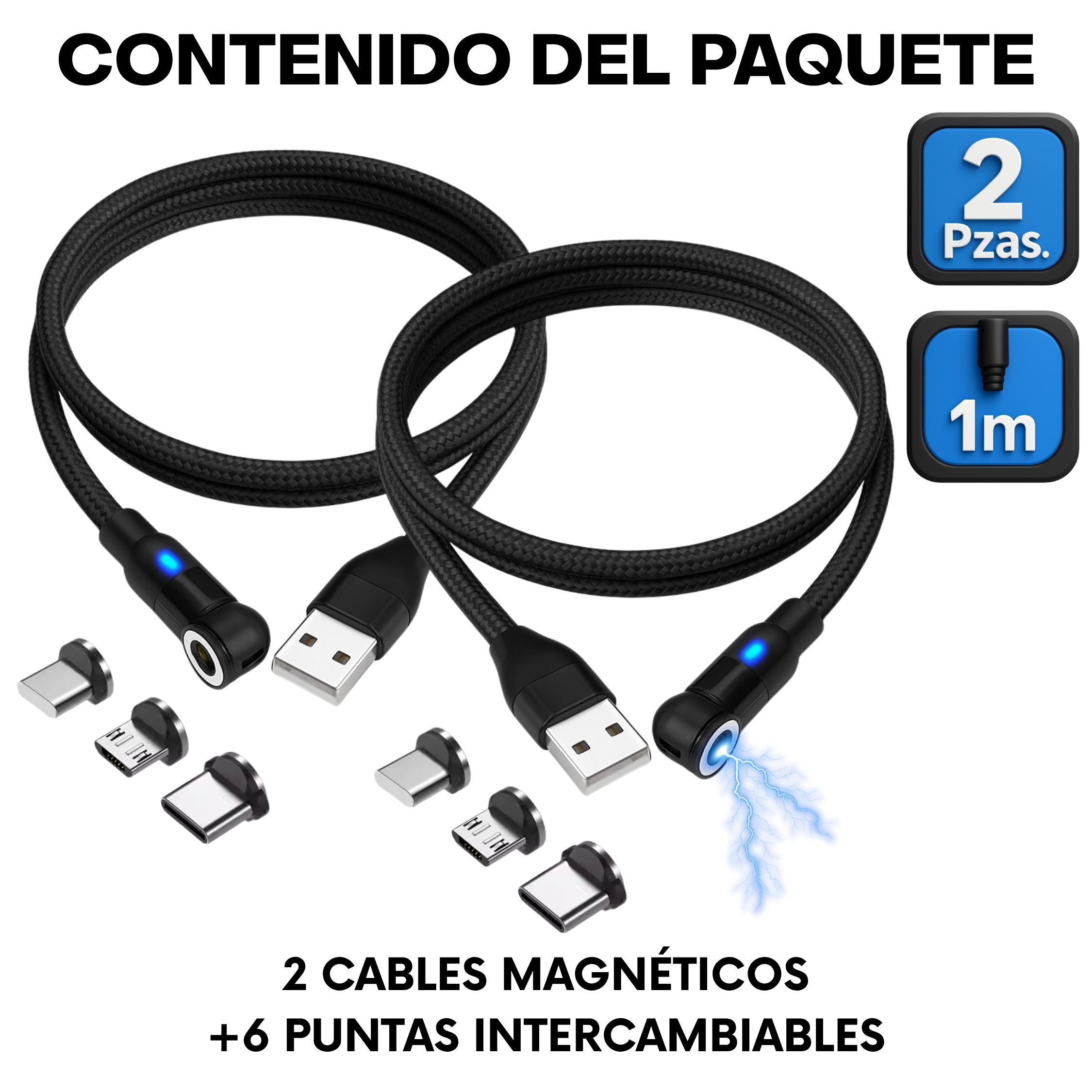 Foto 2 | Cable Magnético 3 en 1 con LED, Conector Giratorio 540°, 1 Metro, Pack 2 Piezas y 6 Adaptadores