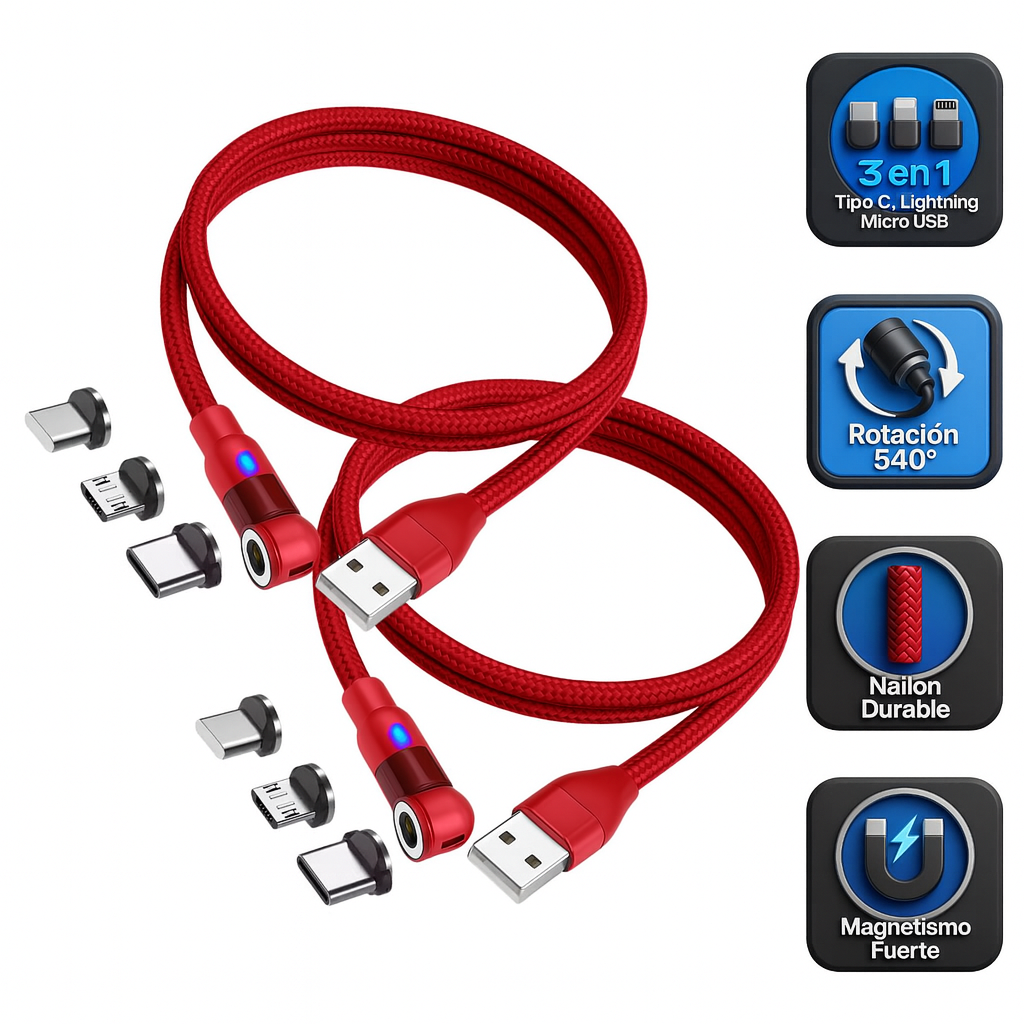 Foto 1 | Cable Magnético 3 En 1 Con Led  Conector Giratorio 540°  1 Metro  Pack 2 Piezas Y 6 Adaptadores