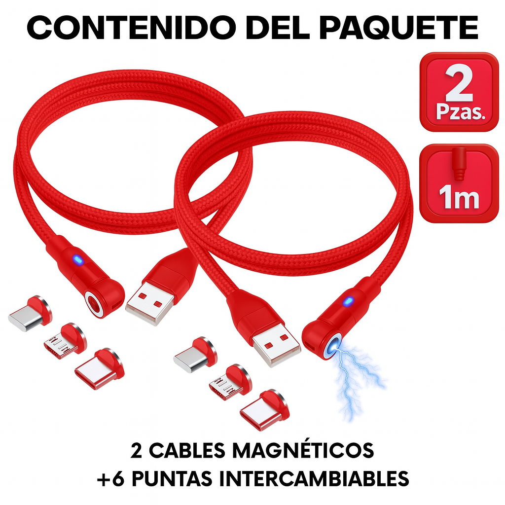 Foto 3 pulgar | Cable Magnético 3 En 1 Con Led  Conector Giratorio 540°  1 Metro  Pack 2 Piezas Y 6 Adaptadores