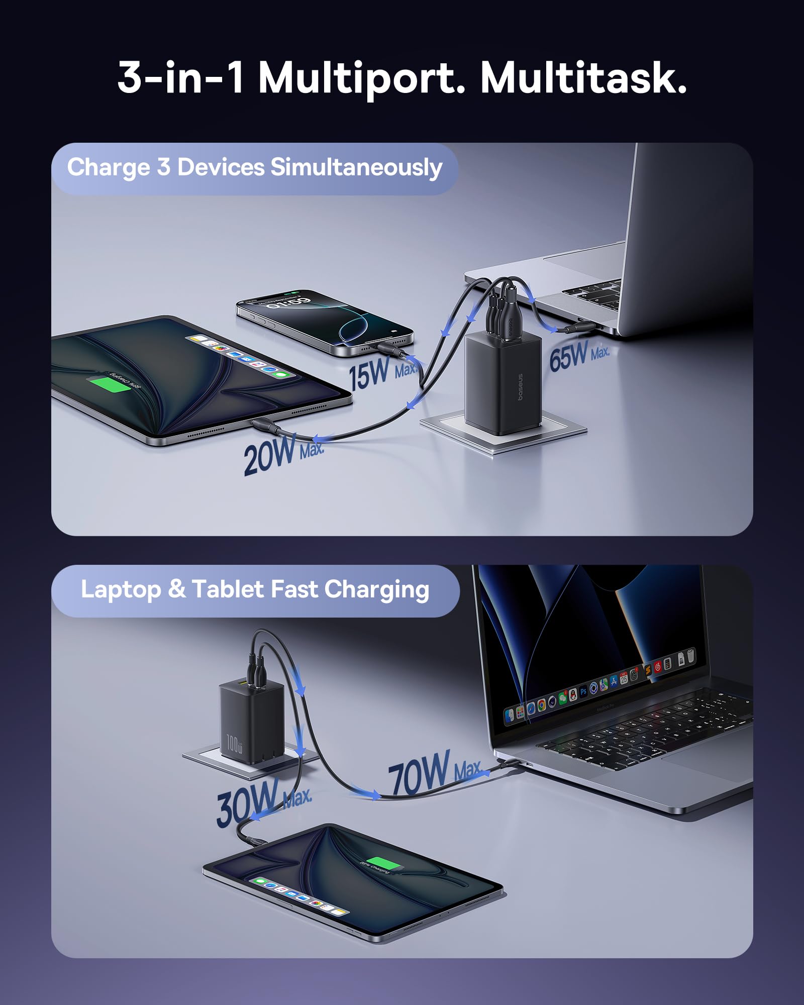 Foto 5 pulgar | Cargador Baseus Usb C De 100 W Con 3 Puertos Para Macbook Pro/air  Ipad - Venta Internacional.