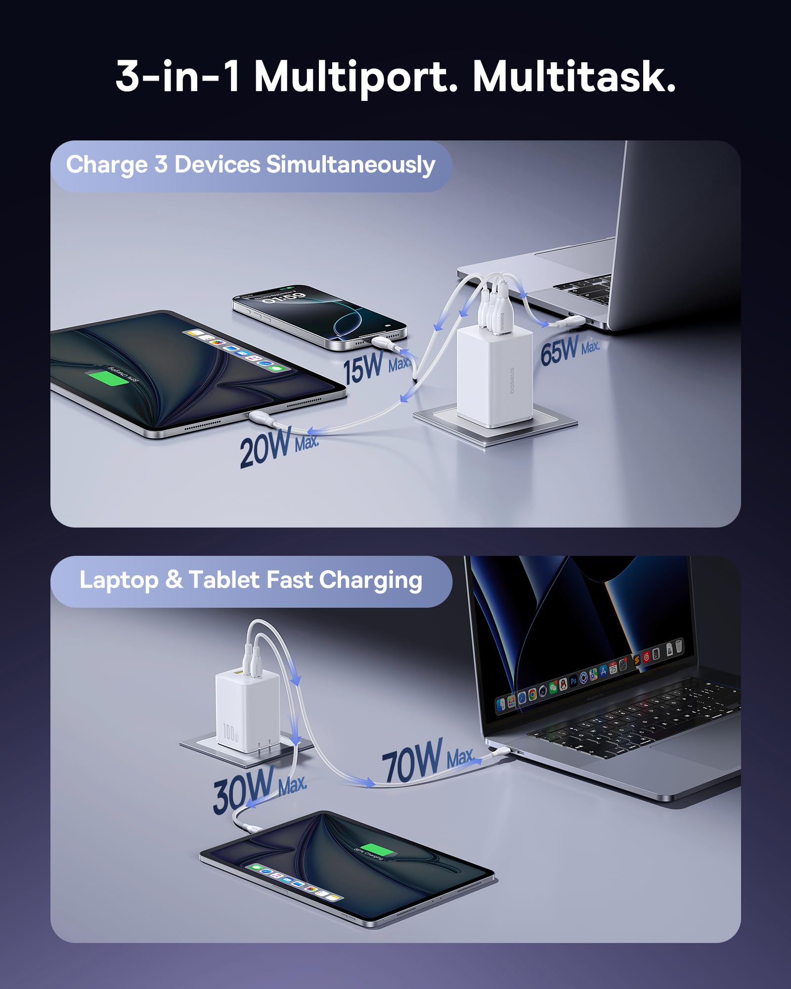 Foto 4 pulgar | Cargador Baseus Usb C De 100 W Con 3 Puertos Para Macbook Pro/air  Ipad - Venta Internacional.