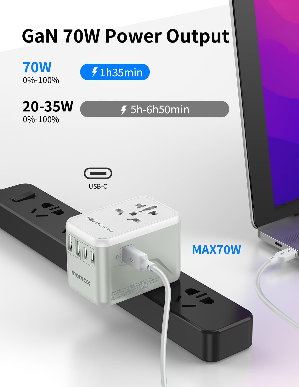 Foto 2 | Adaptador De Viaje Universal Momax De 70 W Gan Con 3 Usb-c Y 2 Usb-a - Venta Internacional.