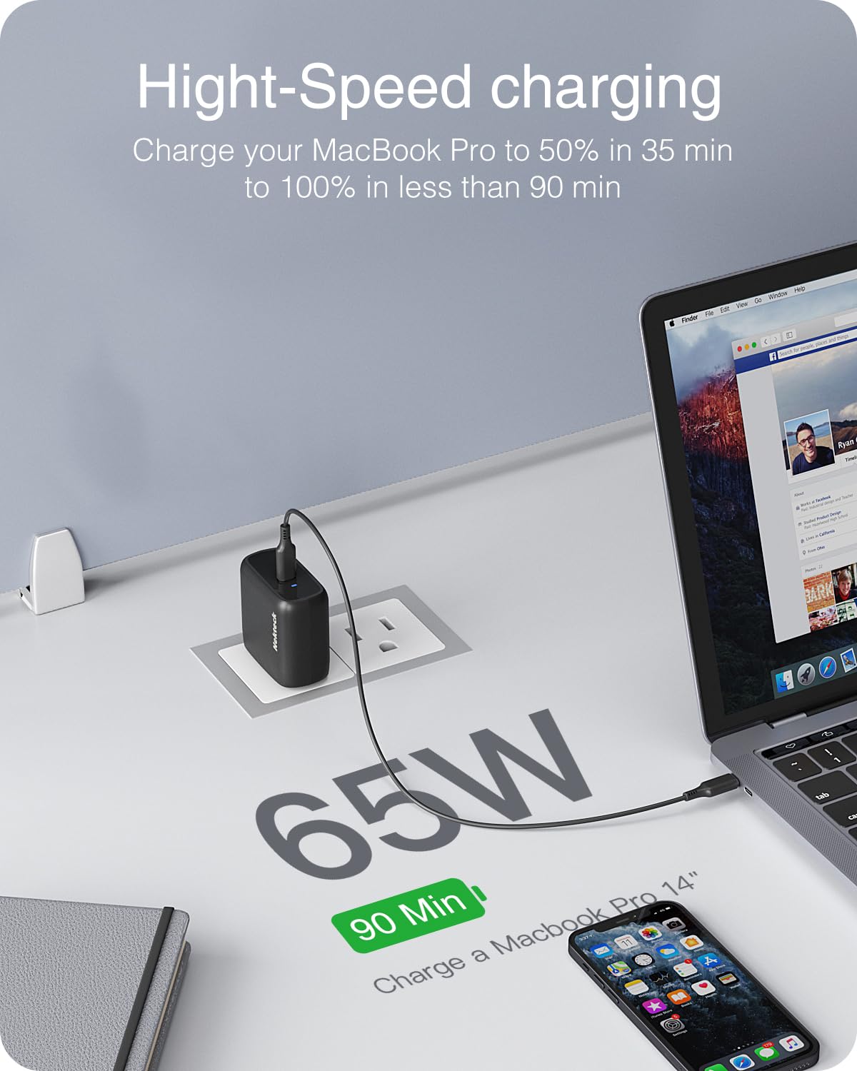 Foto 2 | Cargador Nekteck USB C Gan II Pd 3.0 Pps de 65 w con Cable de 2 m - Venta Internacional