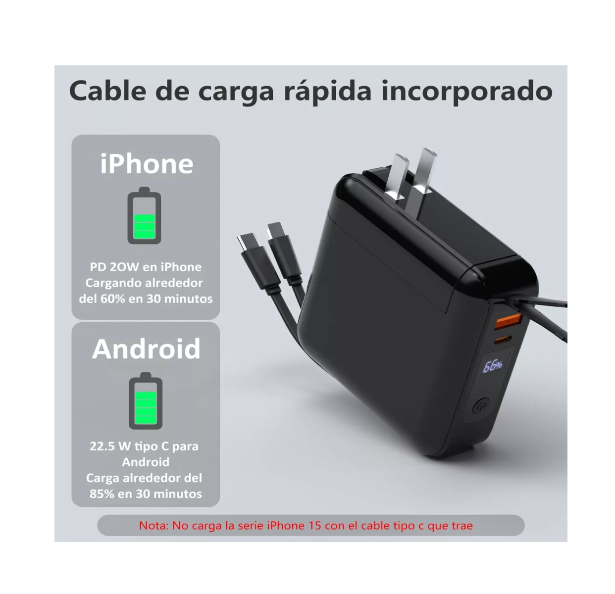 Foto 2 | Power Bank 20000mah Cargador De Enchufe Pared Portátil 22.5w Negro