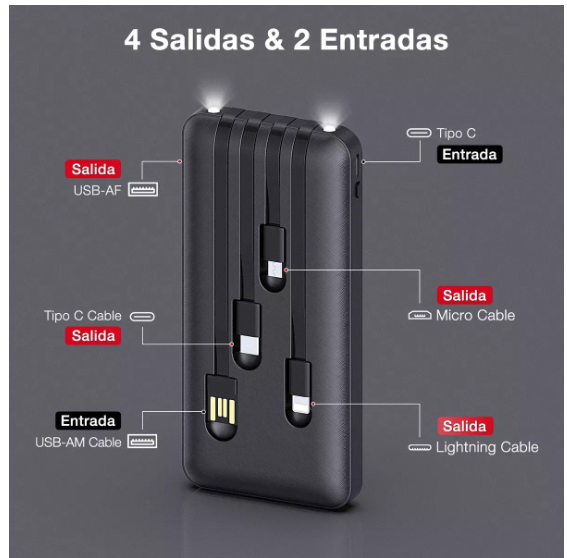 Foto 5 pulgar | Power Bank Wünd Batería Portátil Carga Rápida 10000mah 4 Cable