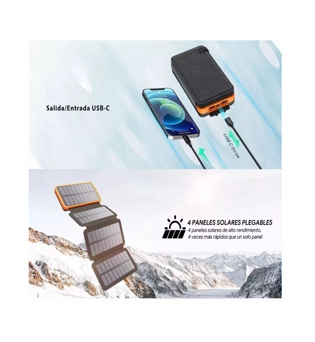 Foto 5 | Power Bank Solar Cargador Portátil 26800mah 4 Paneles Solare Negro Lineas Naranja