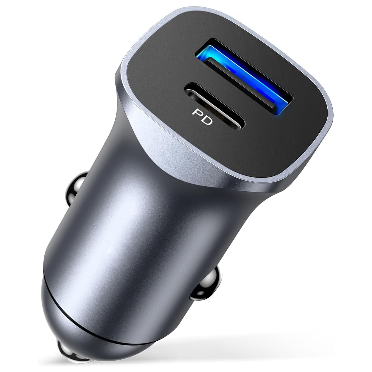 Cargador de Celular para Auto con Doble Puerto USB Tipo C PD y USB QC3.0 de Carga Rápida 20W en Color Gris