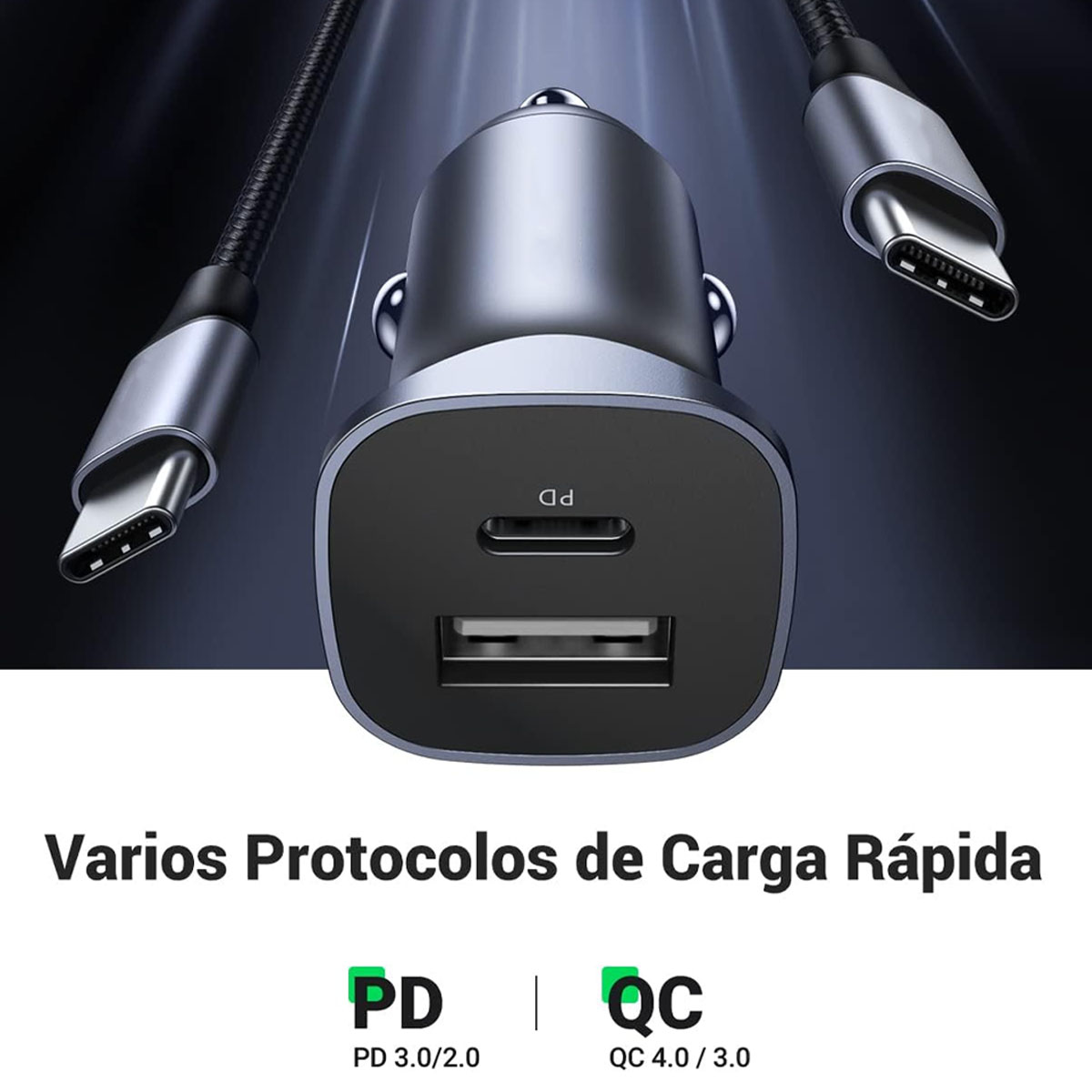 Foto 2 | Cargador de Celular para Auto con Doble Puerto USB Tipo C PD y USB QC3.0 de Carga Rápida 20W en Color Gris