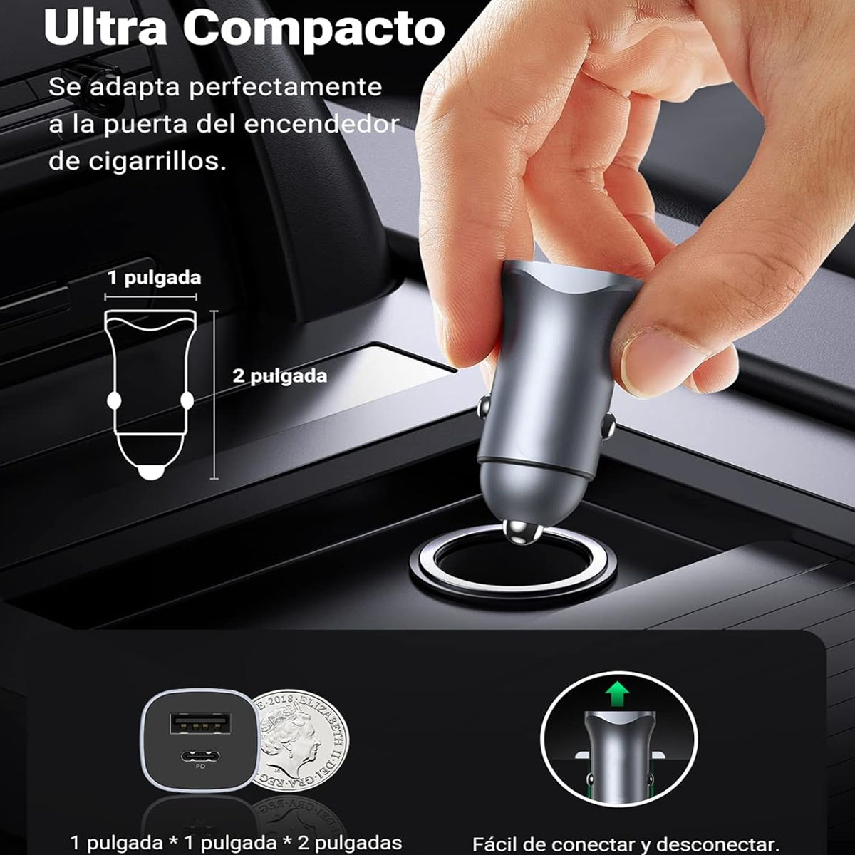 Foto 5 | Cargador de Celular para Auto con Doble Puerto USB Tipo C PD y USB QC3.0 de Carga Rápida 20W en Color Gris