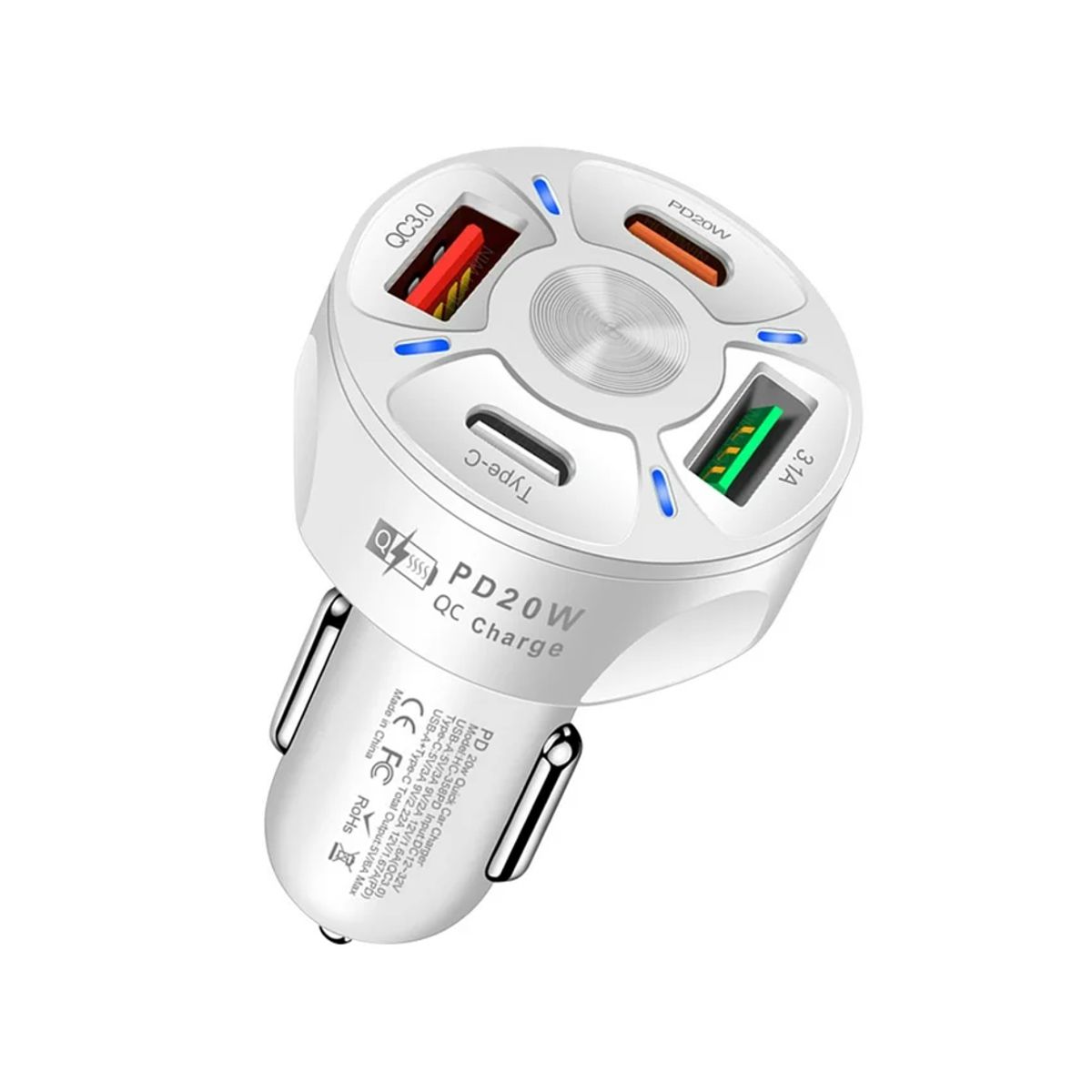 Cargador de Auto 4 en 1 para Celular 2xusb Tipo A 2x Usb Tipo C Elegate Blanco