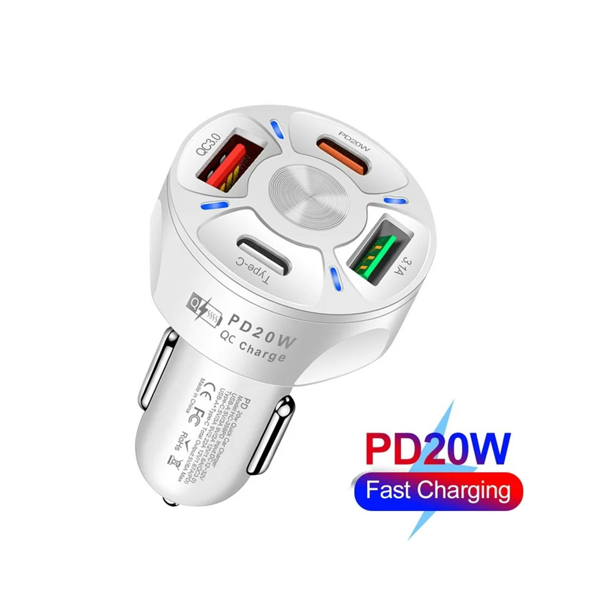 Foto 4 pulgar | Cargador de Auto 4 en 1 para Celular 2xusb Tipo A 2x Usb Tipo C Elegate Blanco