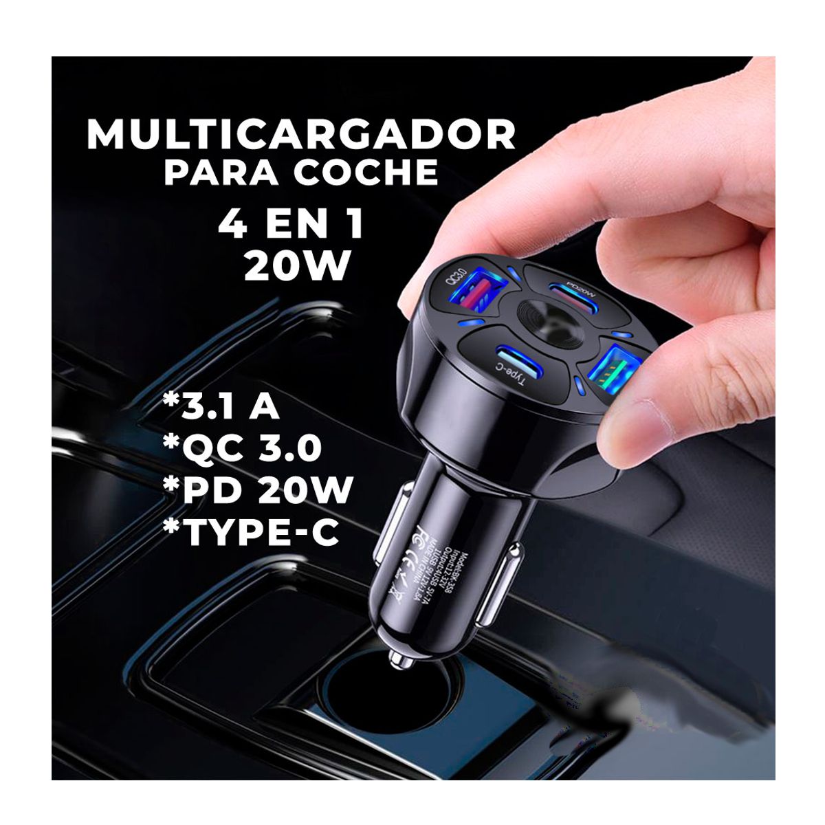 Foto 6 pulgar | Cargador de Auto 4 en 1 para Celular 2xusb Tipo A 2x Usb Tipo C Elegate Blanco