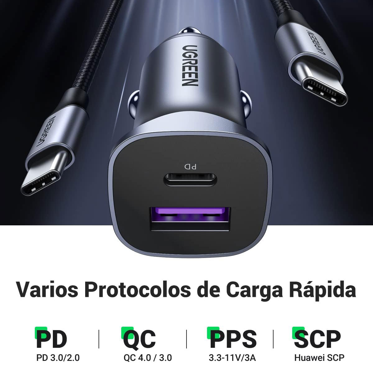 Foto 4 pulgar | Cargador De Auto Dual 30w Ugreen 40858 Usb-c + Usb-a De Carga Rápida