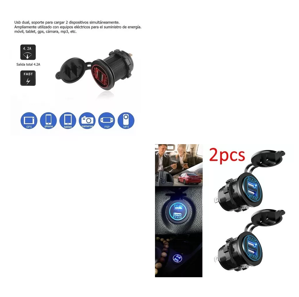 Foto 4 pulgar | Cargador de Celular Iluminado Dual USB Salida 12v 2.1a para Coche o Moto 2 Piezas