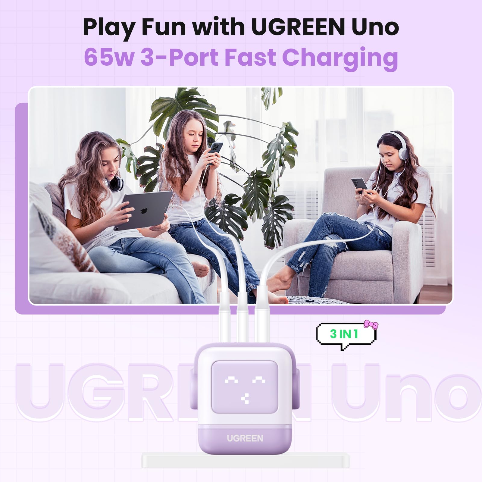 Foto 5 | Cargador Ugreen Uno, 65 W, Usb C, Nexode, Robot Gan De 3 Puertos, Color Morado - Venta Internacional.