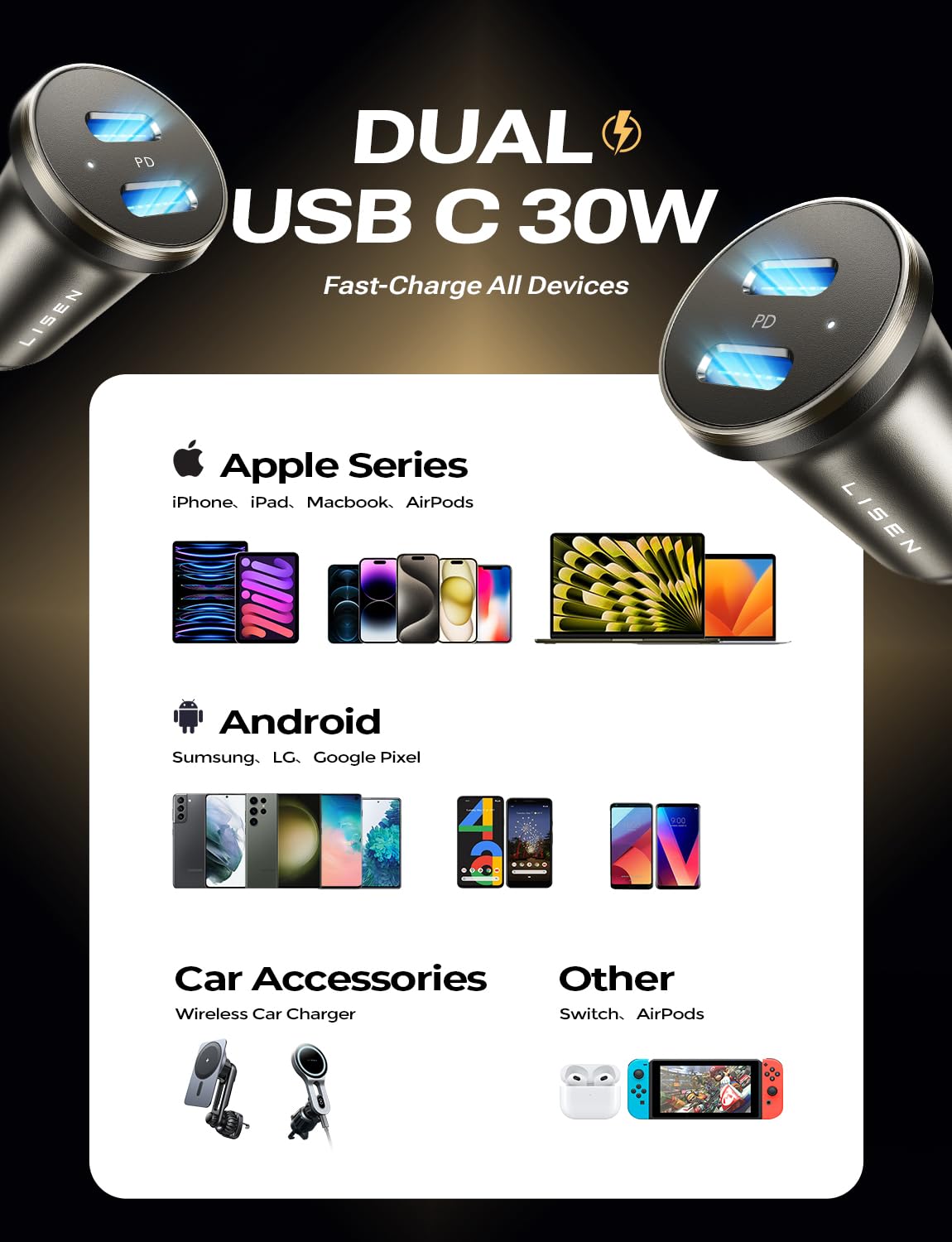 Foto 7 pulgar | Adaptador De Cargador De Coche Lisen Usb C 60w Dual Port Qc 3.0 - Venta Internacional.