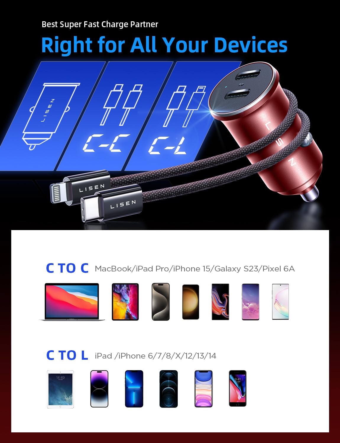 Foto 5 | Cargador De Coche Lisen Usb C De 90 W Con Cable Usb C Y Lightning Para Iphone - Venta Internacional.