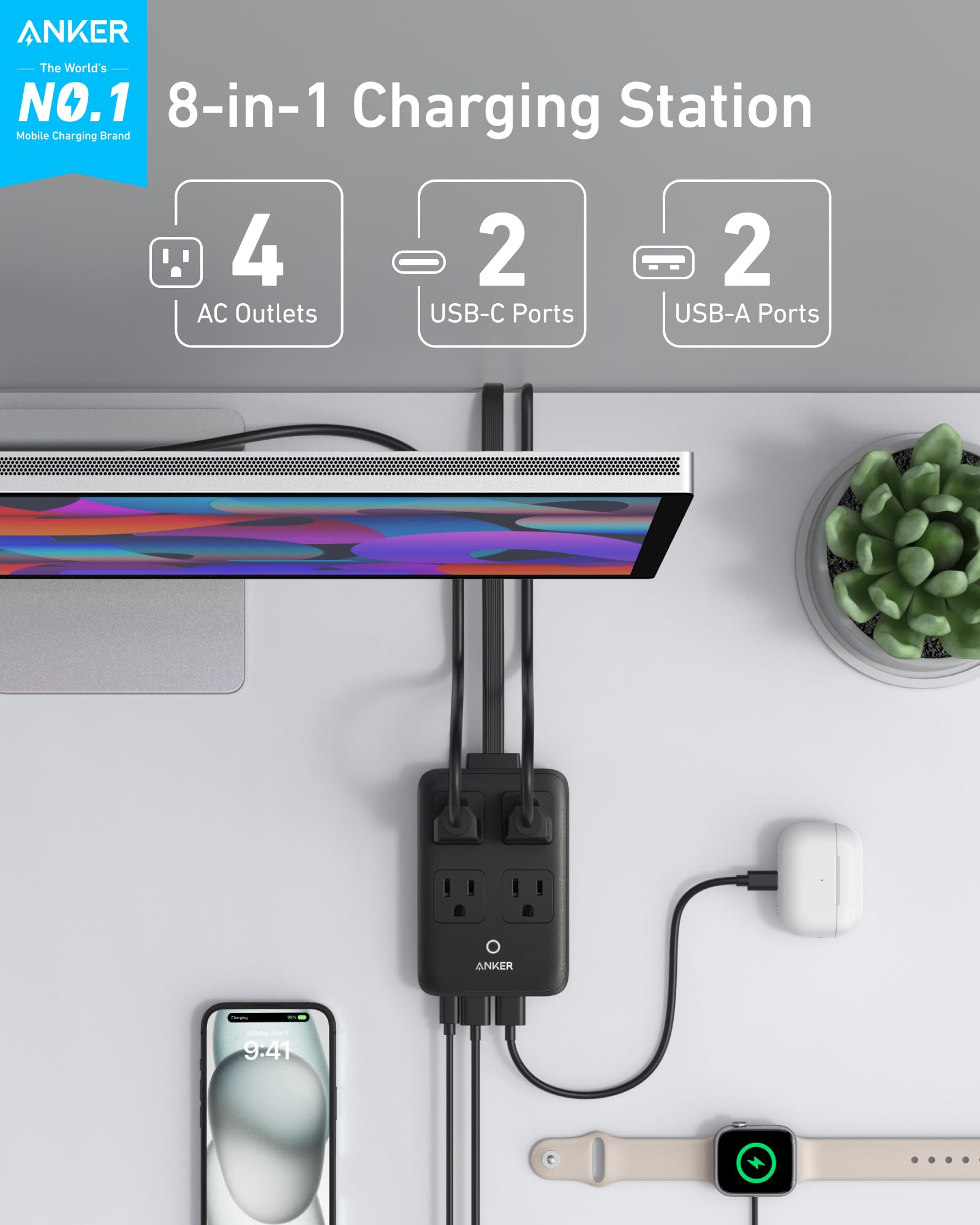 Foto 3 pulgar | Estación De Carga Anker Power Strip Usb-c 8 En 1 De 20 W, Cable De 5 Pies - Venta Internacional.