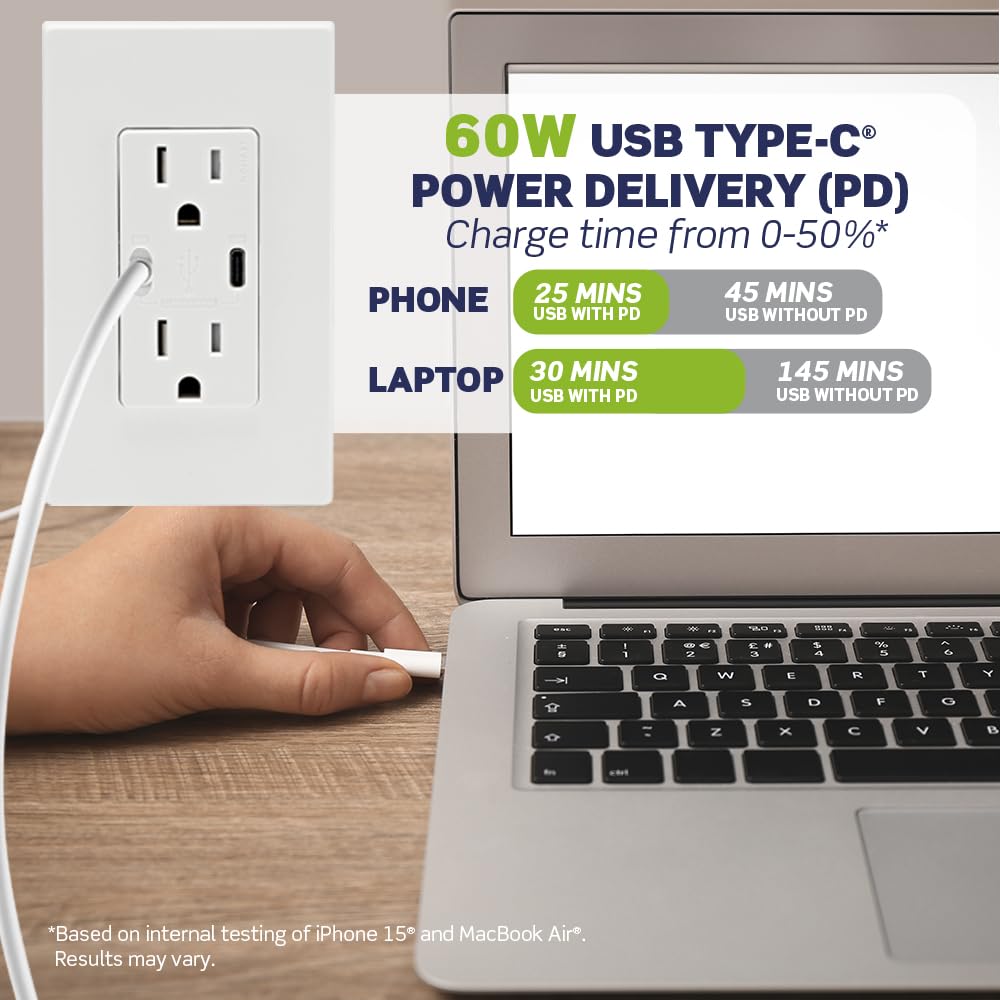 Foto 3 pulgar | Cargador De Pared Leviton T5636-w Usb Dual Tipo C/c 60 W Blanco - Venta Internacional.