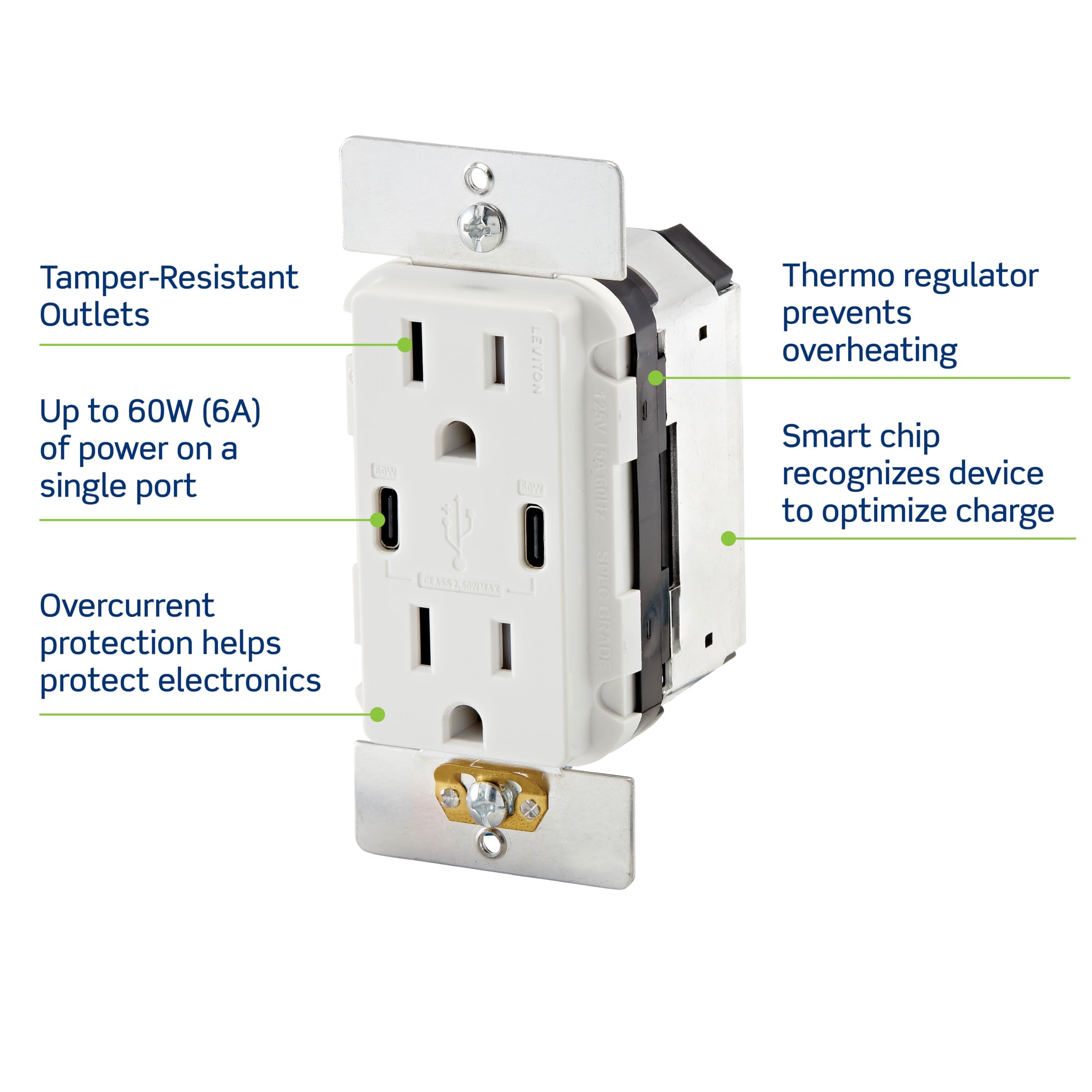 Foto 6 pulgar | Cargador De Pared Leviton T5636-w Usb Dual Tipo C/c 60 W Blanco - Venta Internacional.