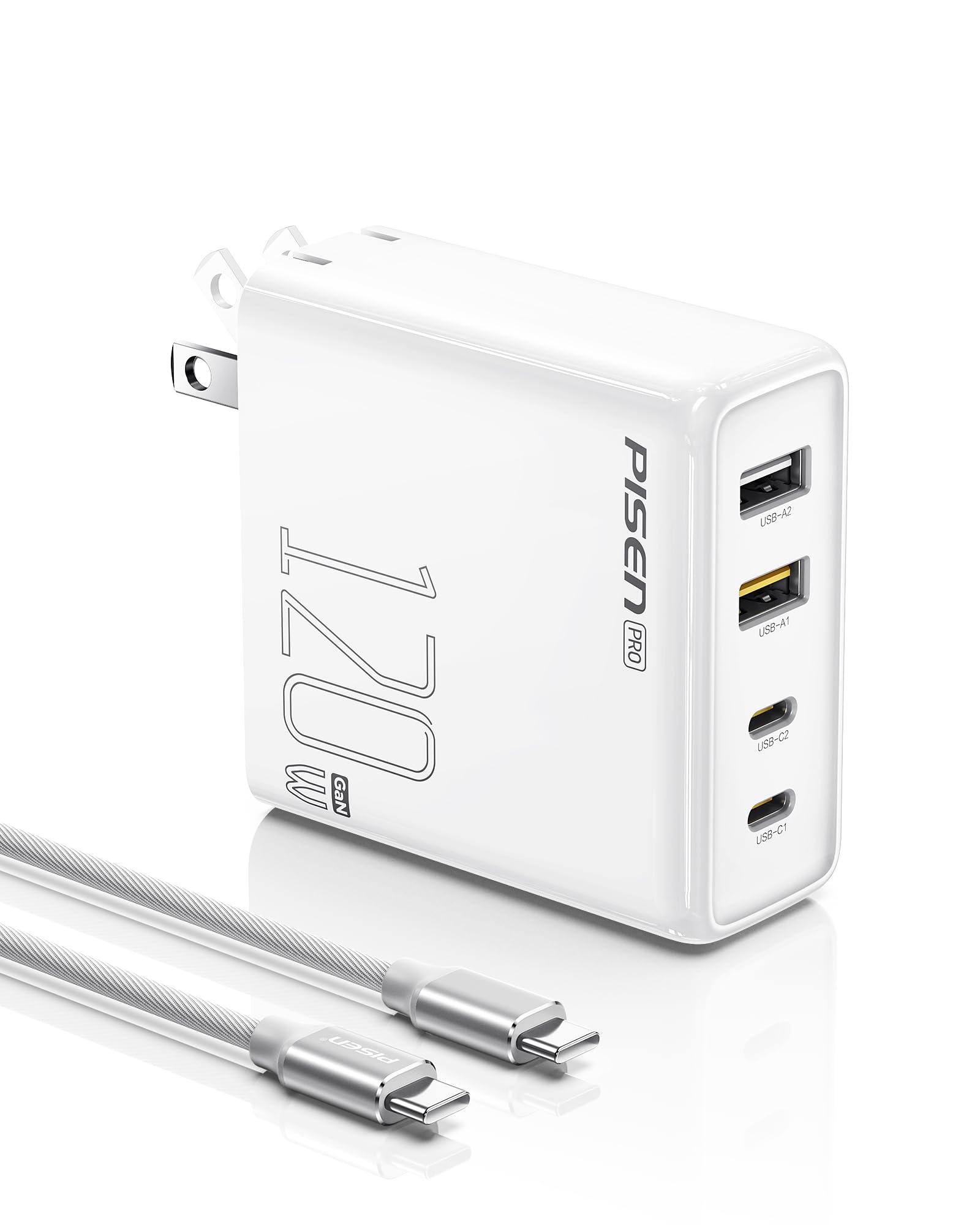 Cargador Pisen Usb C De 120 W, 4 Puertos, Gan Con Cable Usb-c A C De 6 Pies - Venta Internacional.