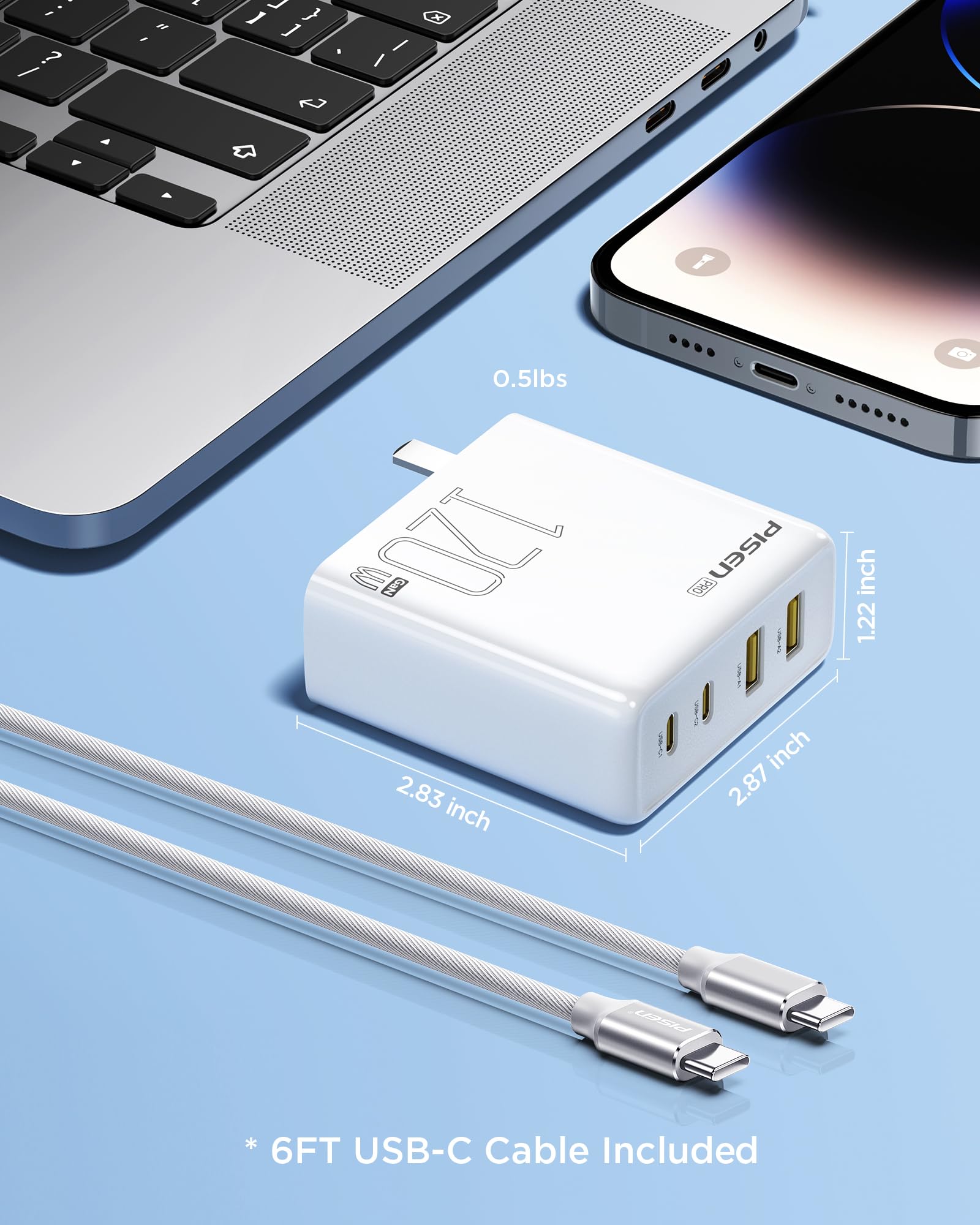 Foto 8 pulgar | Cargador Pisen Usb C De 120 W, 4 Puertos, Gan Con Cable Usb-c A C De 6 Pies - Venta Internacional.