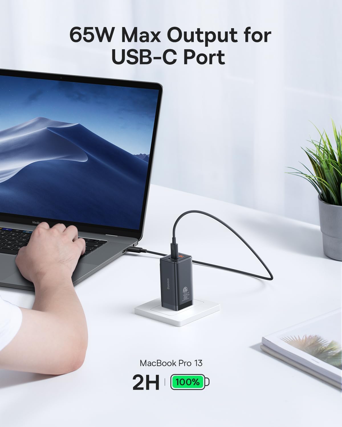 Foto 2 | Cargador Usb C Baseus 65w, 3 Puertos, Gan Plegable, Para Iphone - Venta Internacional.