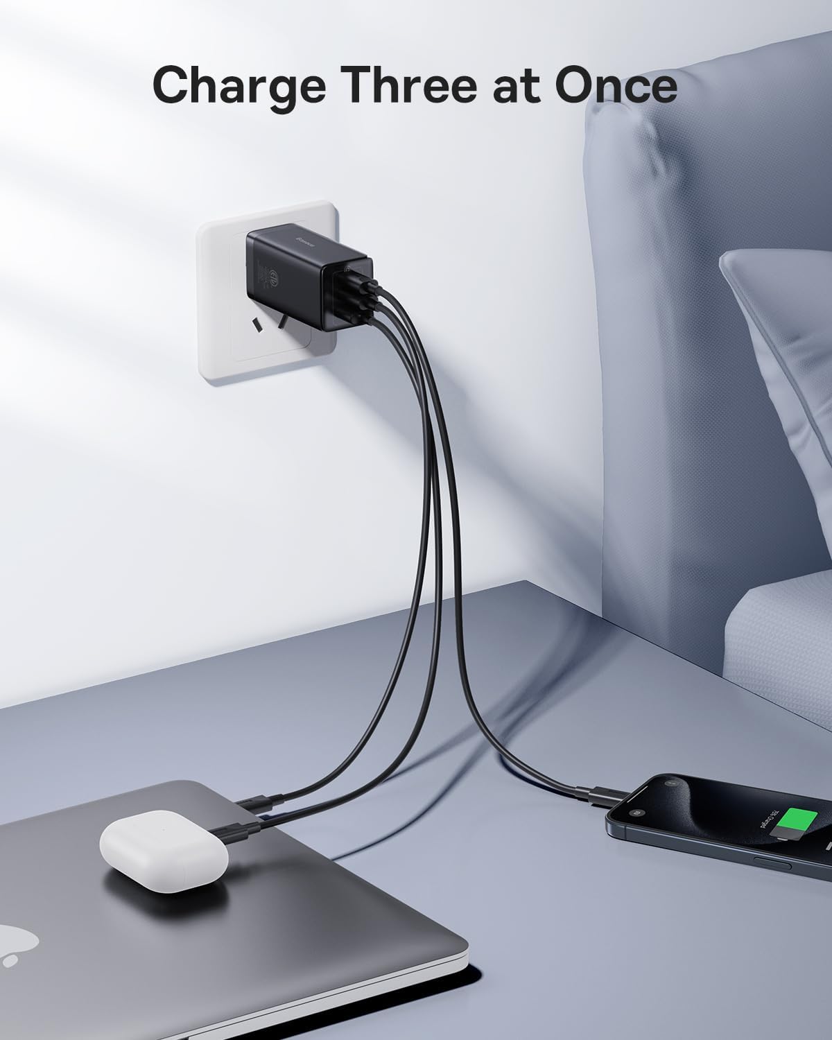 Foto 3 | Cargador Usb C Baseus 65w, 3 Puertos, Gan Plegable, Para Iphone - Venta Internacional.