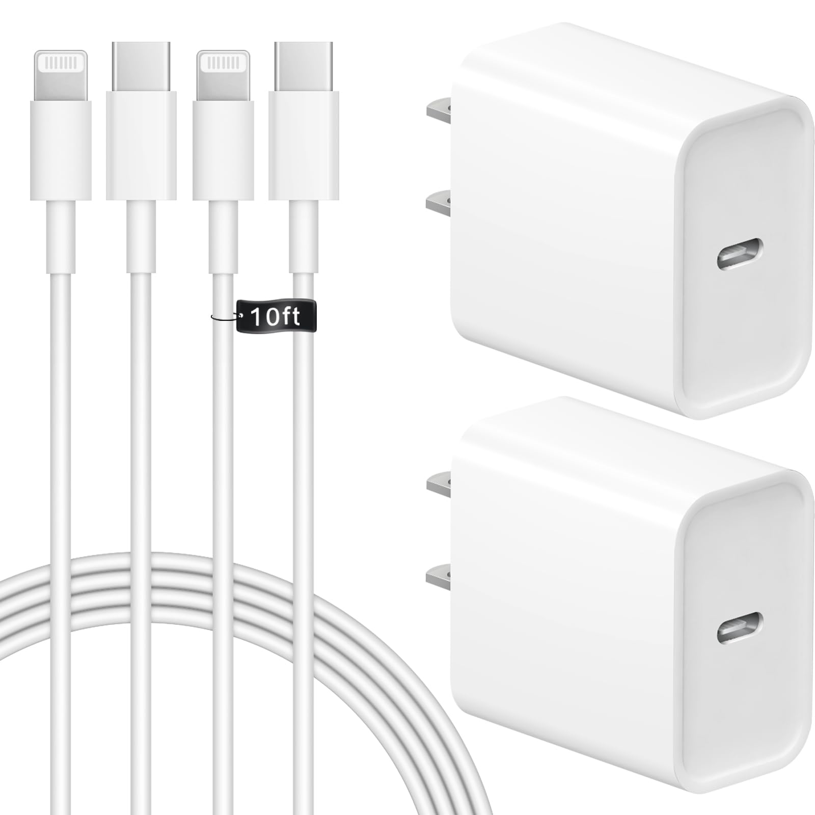 Cargador Stakycet Para Iphone, 20 W, Usb C, Cable De 10 Pies, Paquete De 2 Unidades, 14/13/12 - Venta Internacional.